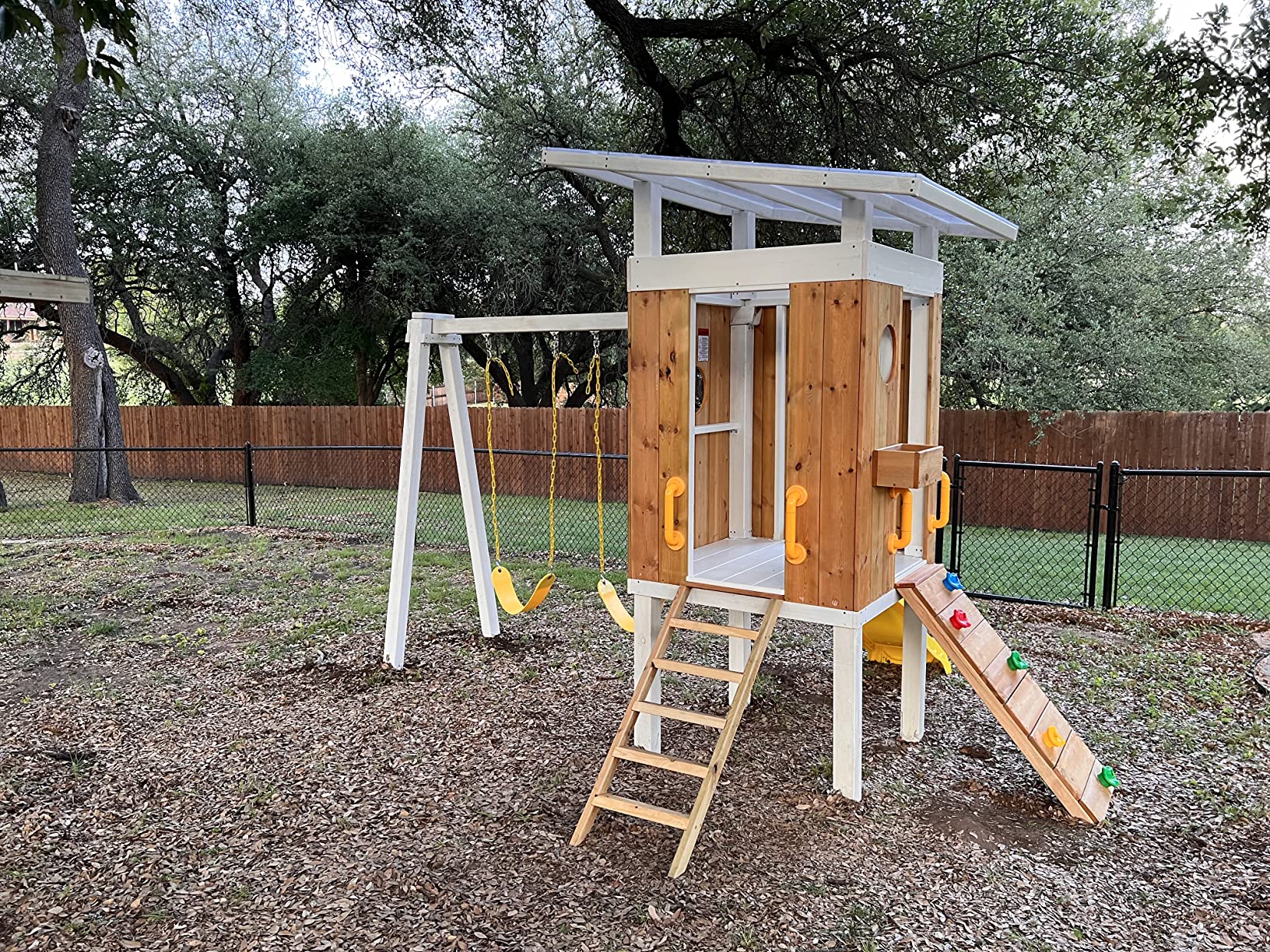 【Baby&Kids】Modern Outdoor Backyard Swing Set Children's Rock Climbing Wood Playground Playset 2 Belt Swings