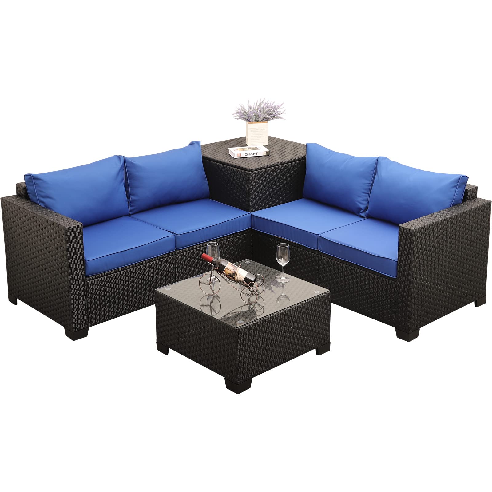 【Furniture】Outdoor PE Wicker Furniture Set 4 Piece Patio Black Rattan Sectional Loveseat Couch Set Conversation Sofa