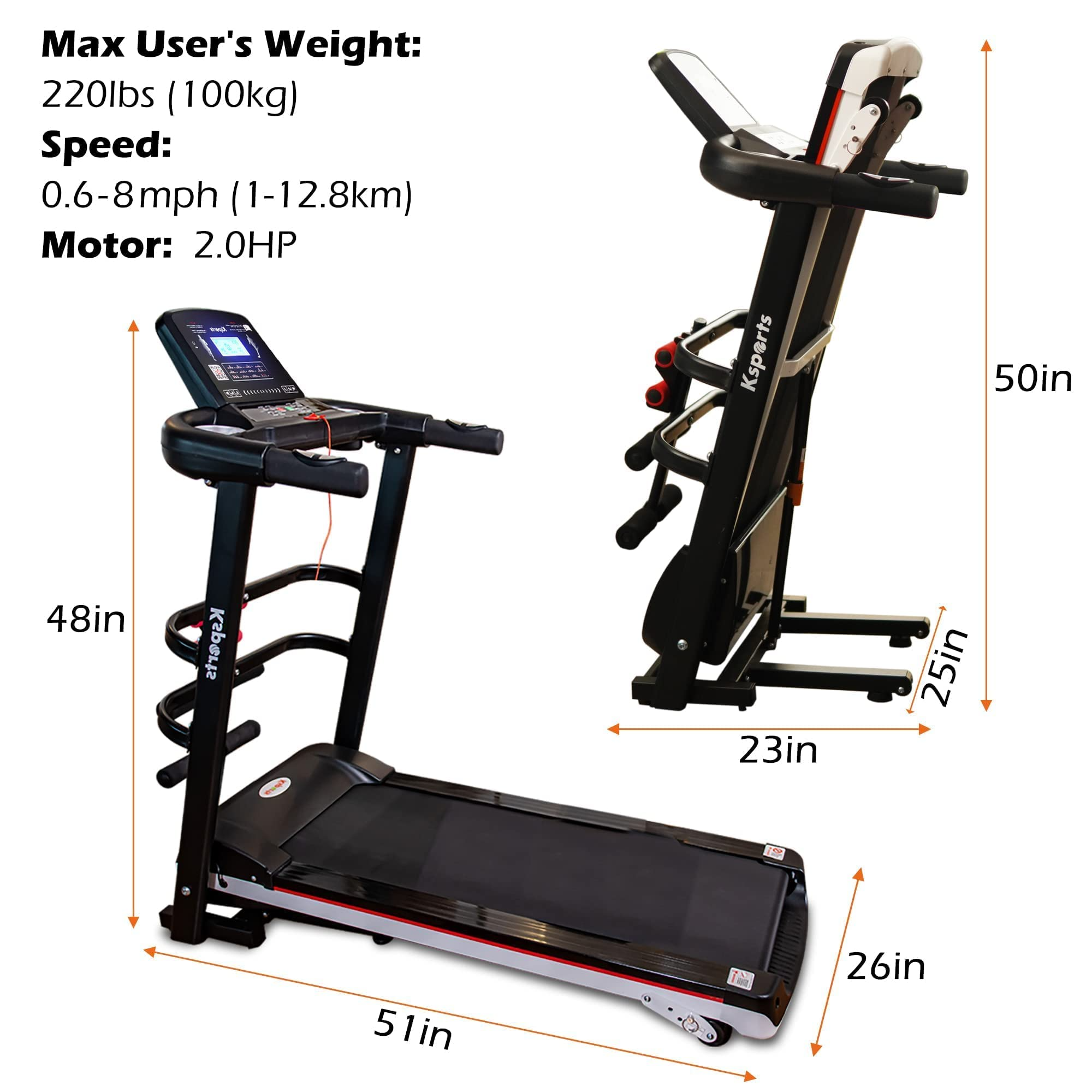 Treadmill Bundle, Electric Folding Incline Treadmill with Auto/Manual Inclineeasy-to-read LCD display with heart-rate sensor on handlebars & fit show smart app