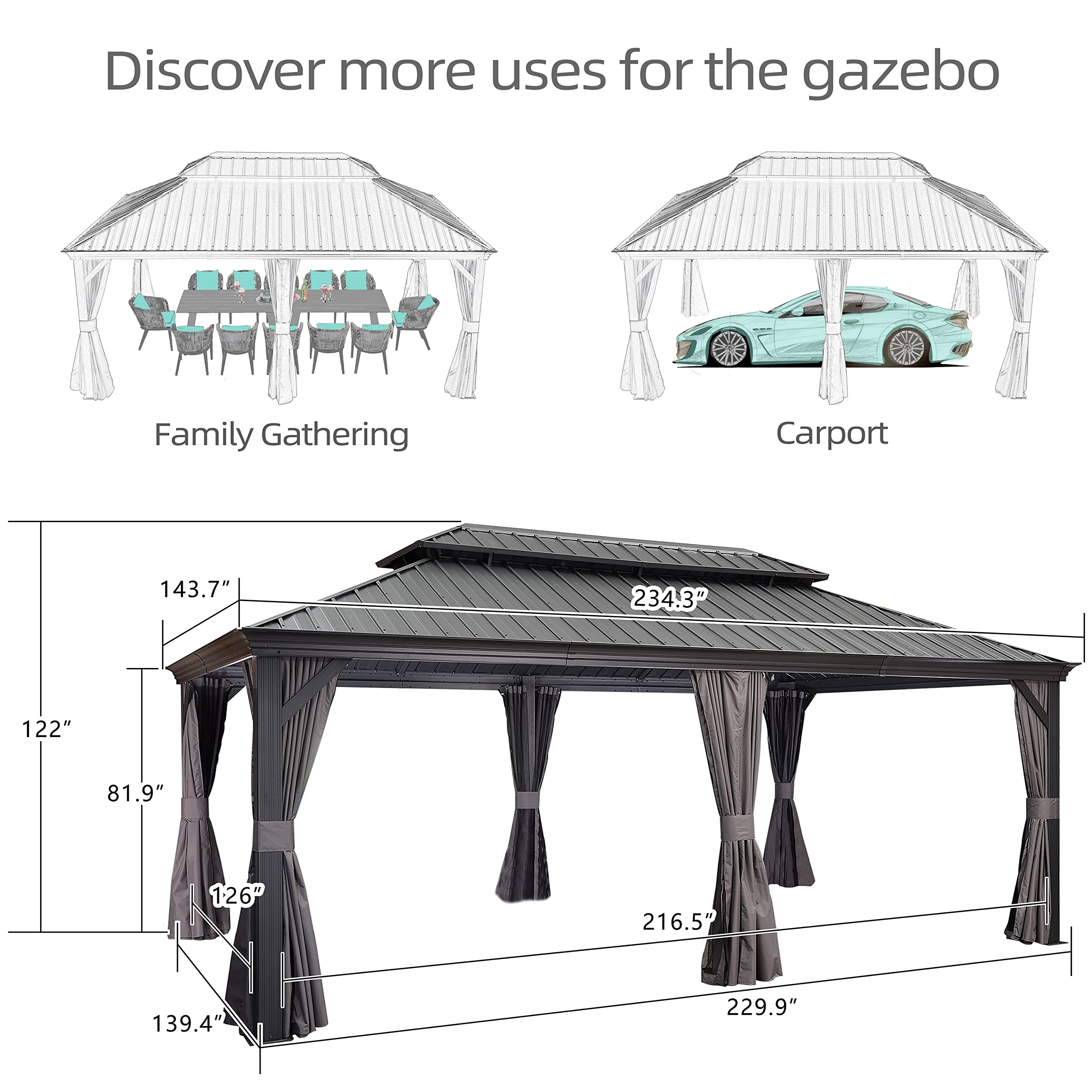 【Gazebo】12'x20' Permanent Hardtop Gazebo Aluminum Gazebo with Galvanized Steel Double Roof, Grey