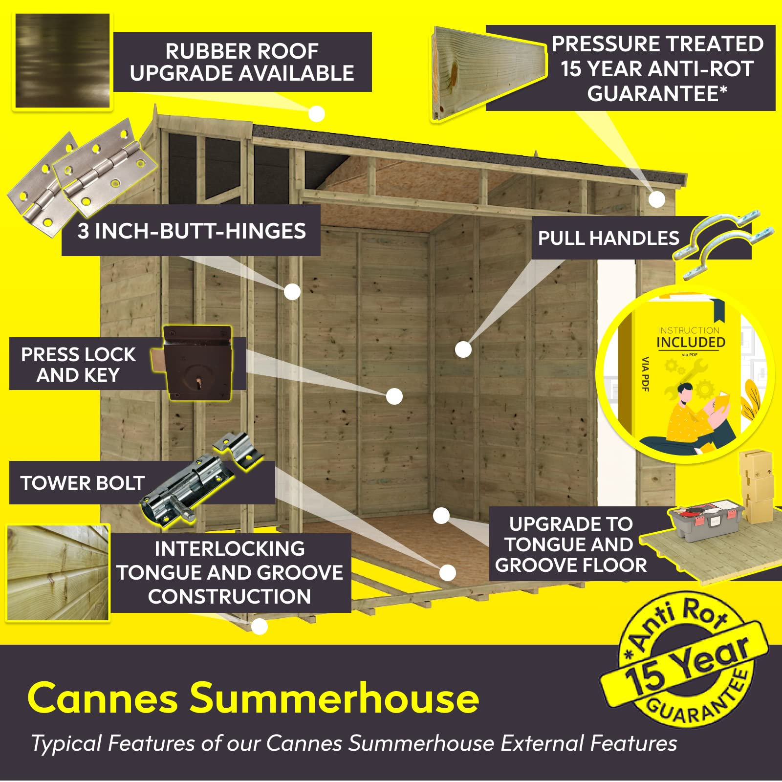 【Home&Garden】10x8 Cannes Wooden Summerhouse Garden Shed Wide Bi-fold Double French Doors