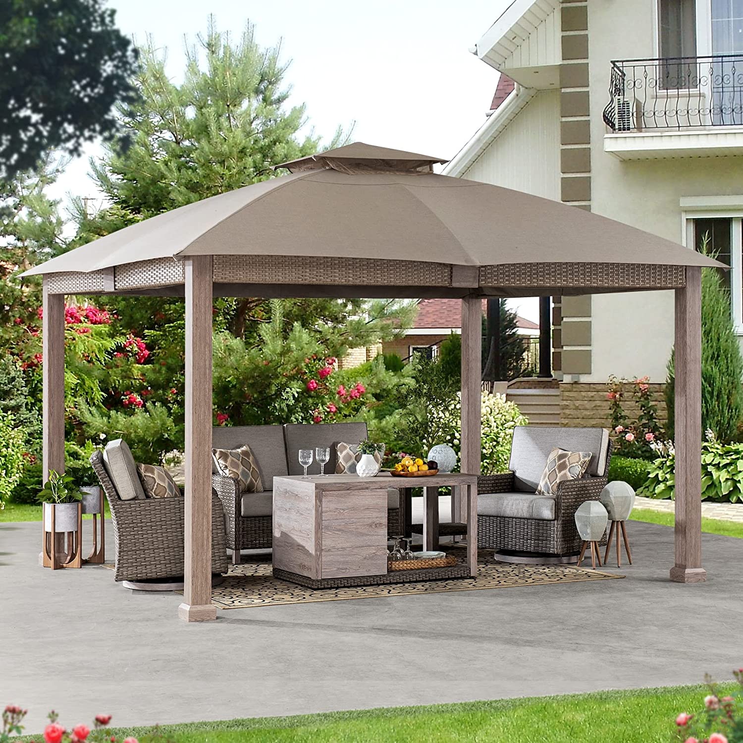 【Gazebo】11x13 Gazebos with Planters, Outdoor Patio Steel 2-Tier Soft Top Gazebo with Netting & Curtains