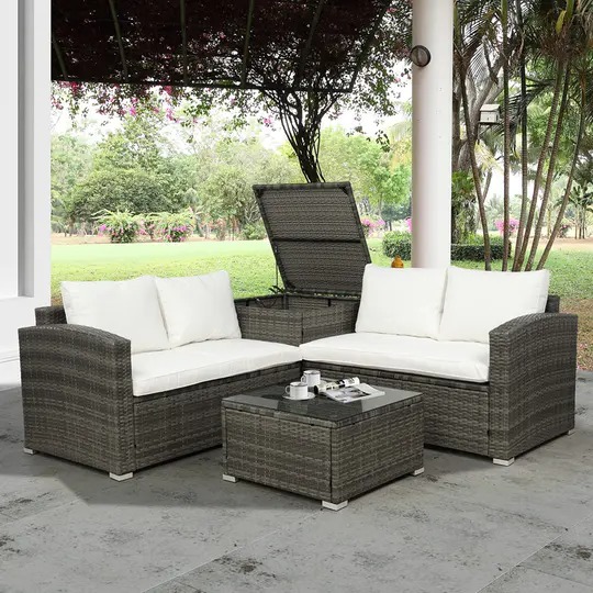 【Furniture】4 PCS Outdoor Cushioned PE Rattan Wicker Sectional Sofa Set