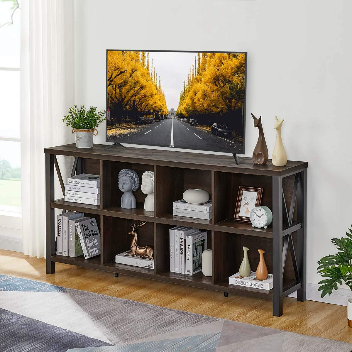 【Furniture】8 Cube Storage Organizer Bookshelf, Rustic Wood Cubby Bookcase, Industrial Horizontal Long Shelf