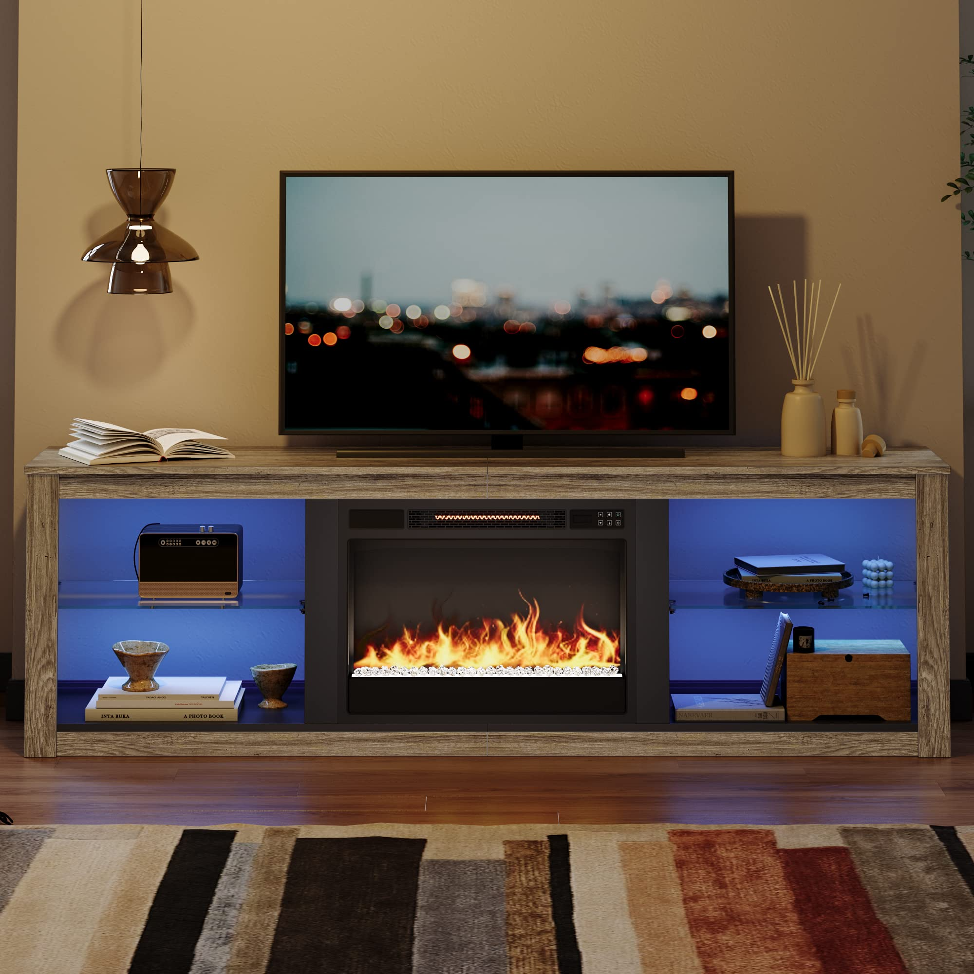 【Furniture】Fireplace TV Stand for 75 inch TV with 23 inch Electric Fireplace, 70 inch Entertainment Center