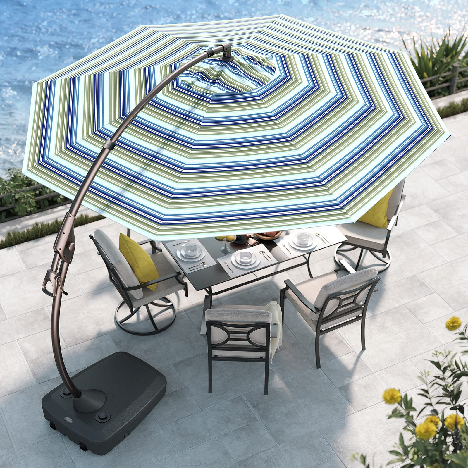 【Home&Garden】11 FT Deluxe NAPOLI Curvy Aluminum Offset Umbrella, Patio Cantilever Umbrella with Base