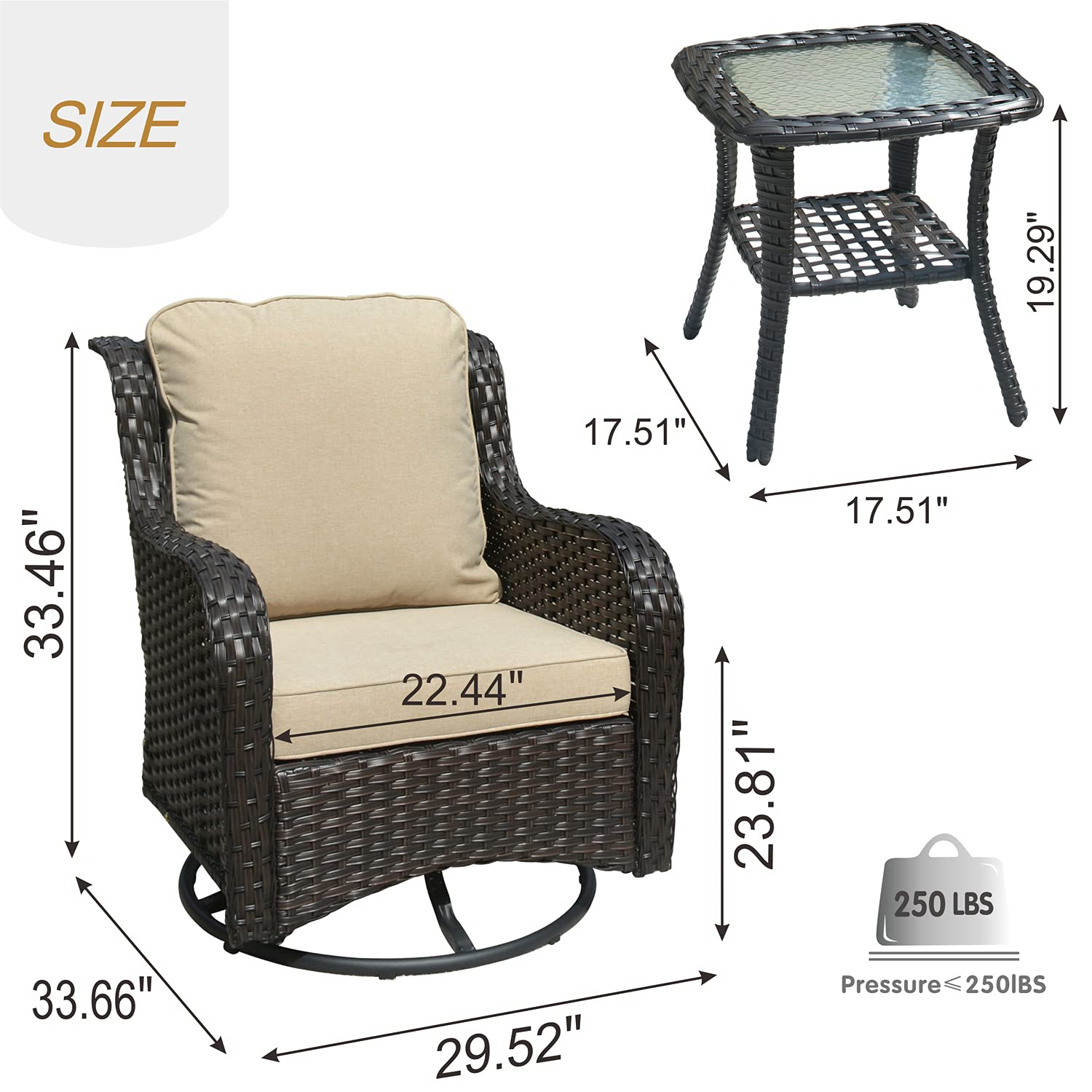 Patio Chair Outdoor Wicker Swivel Rocker Patio Chairs Set of 2 & Matching Side Table