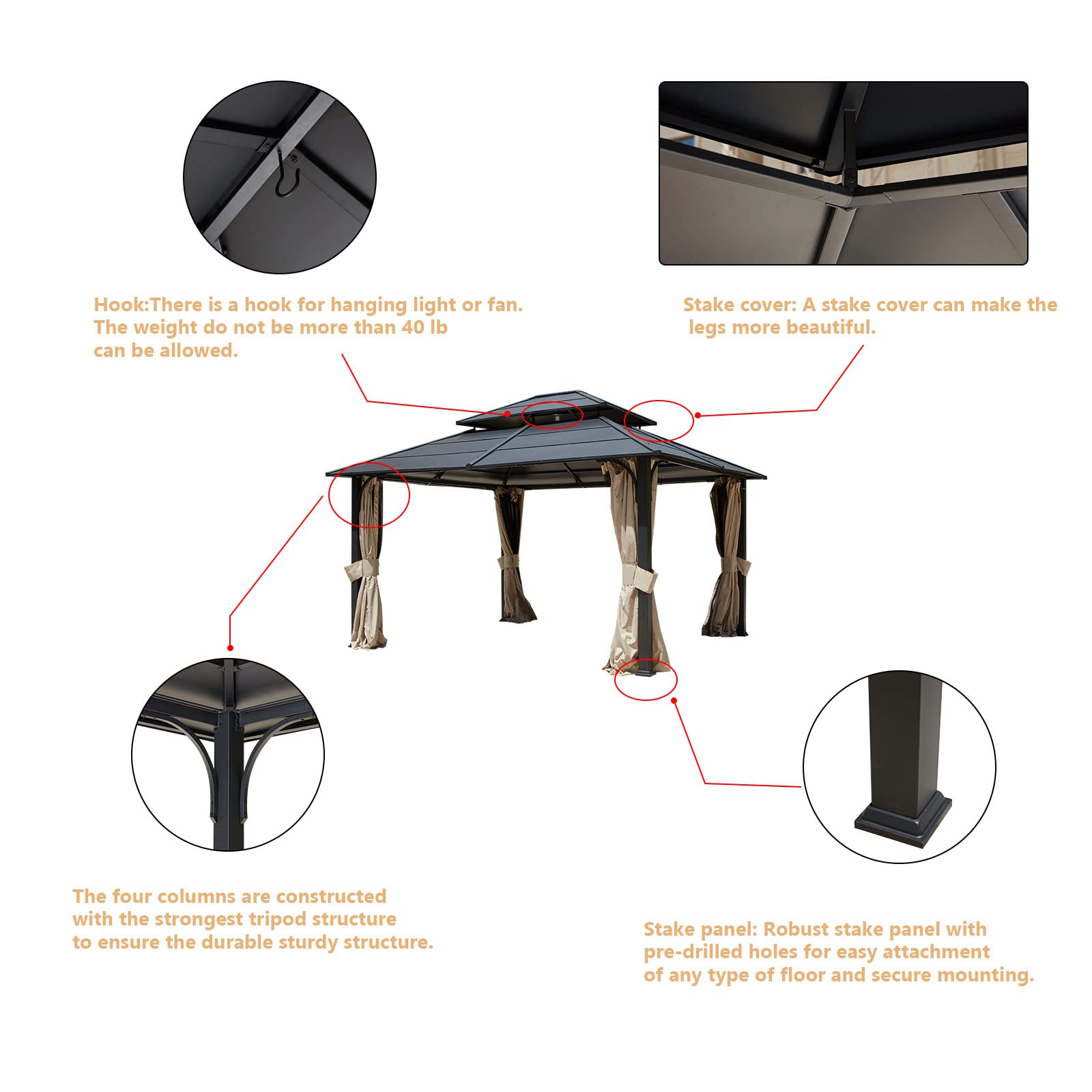 【Gazebo】12x14 Hardtop Gazebo, Iron Double Roof Gazebo with Curtains & Netting, Waterproof Canopy Gazebo