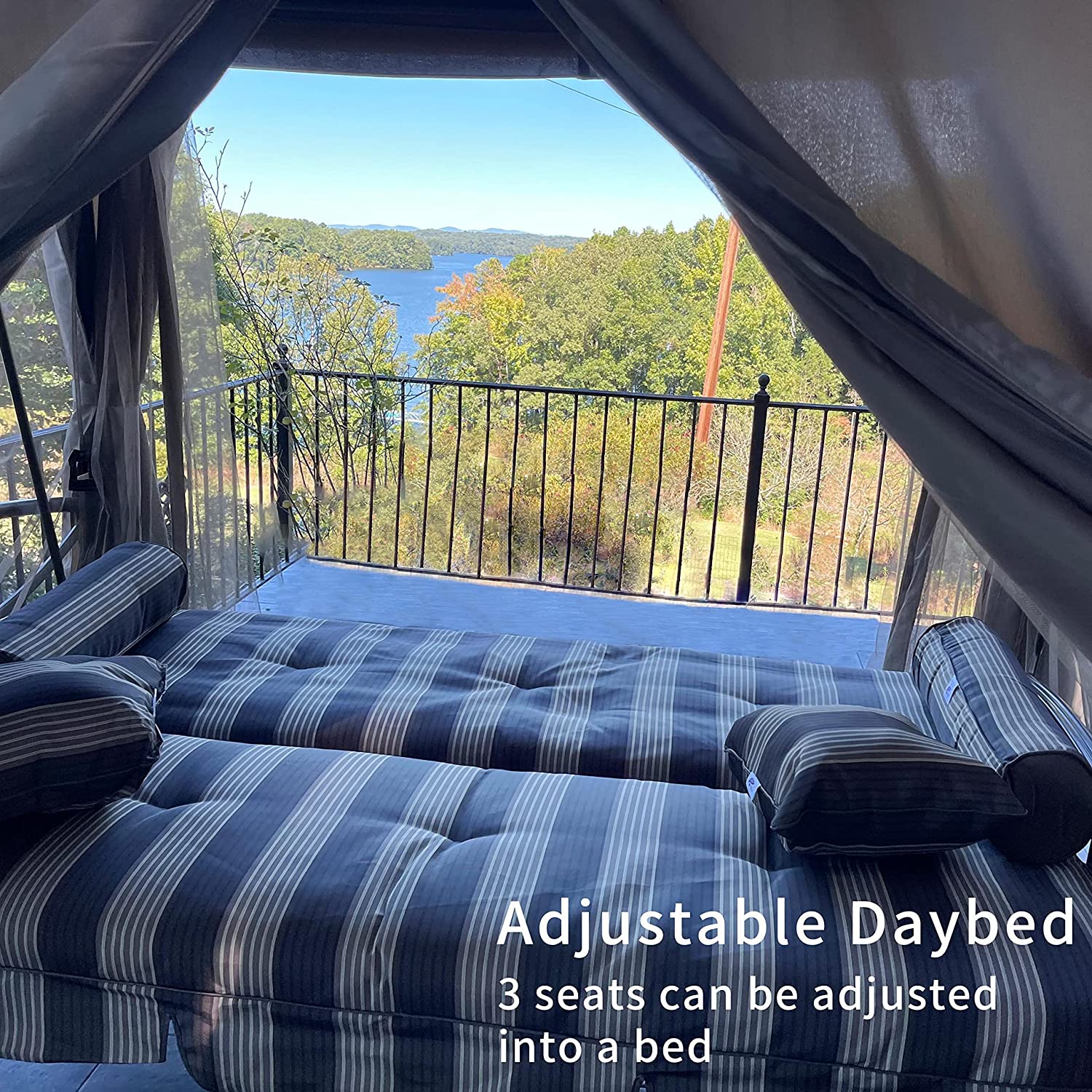 【Gazebo】3 Person Outdoor Patio Porch Swing Gazebo with Netting & Gazebo Curtains