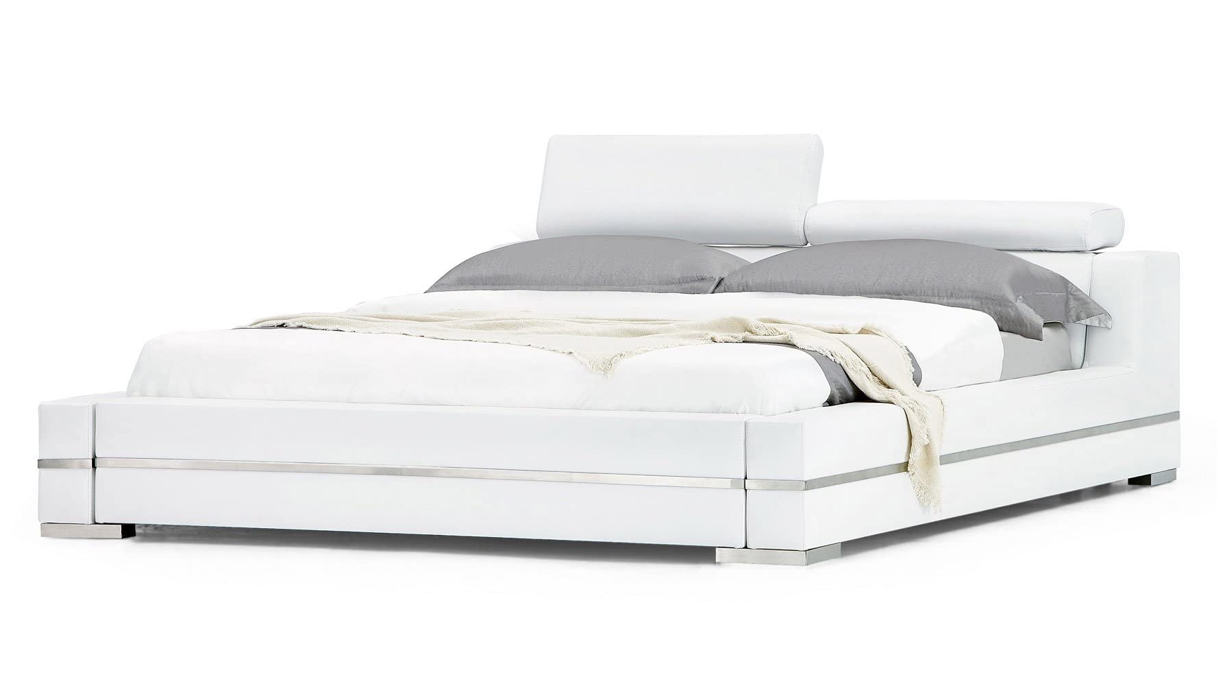 【Furniture】Hera Genuine White Leather Platform Bed with Adjustable Headrests - King