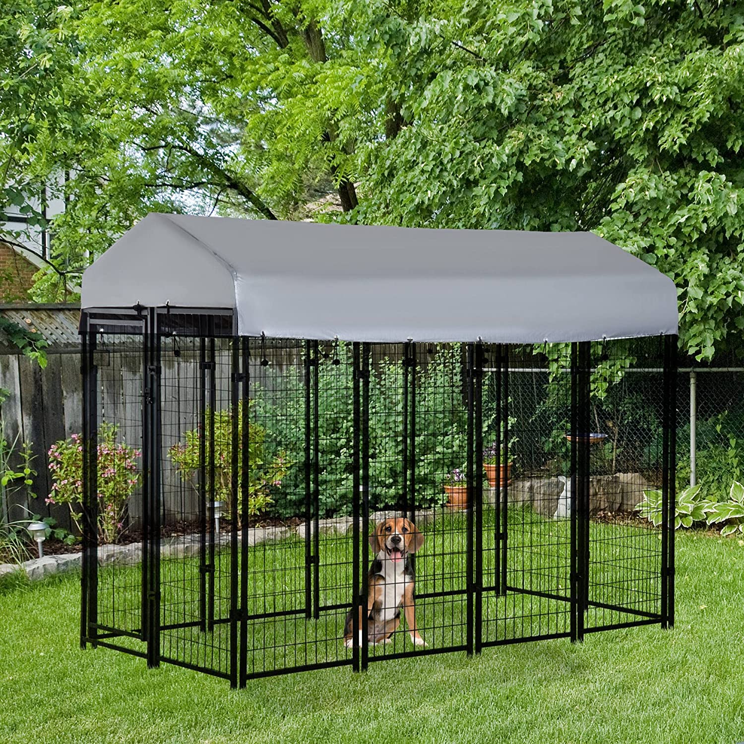 【Home&Garden】6'x4'x6' Large Dog Kennel Outdoor Steel Fence with UV-Resistant Cloth Roof & Secure Lock
