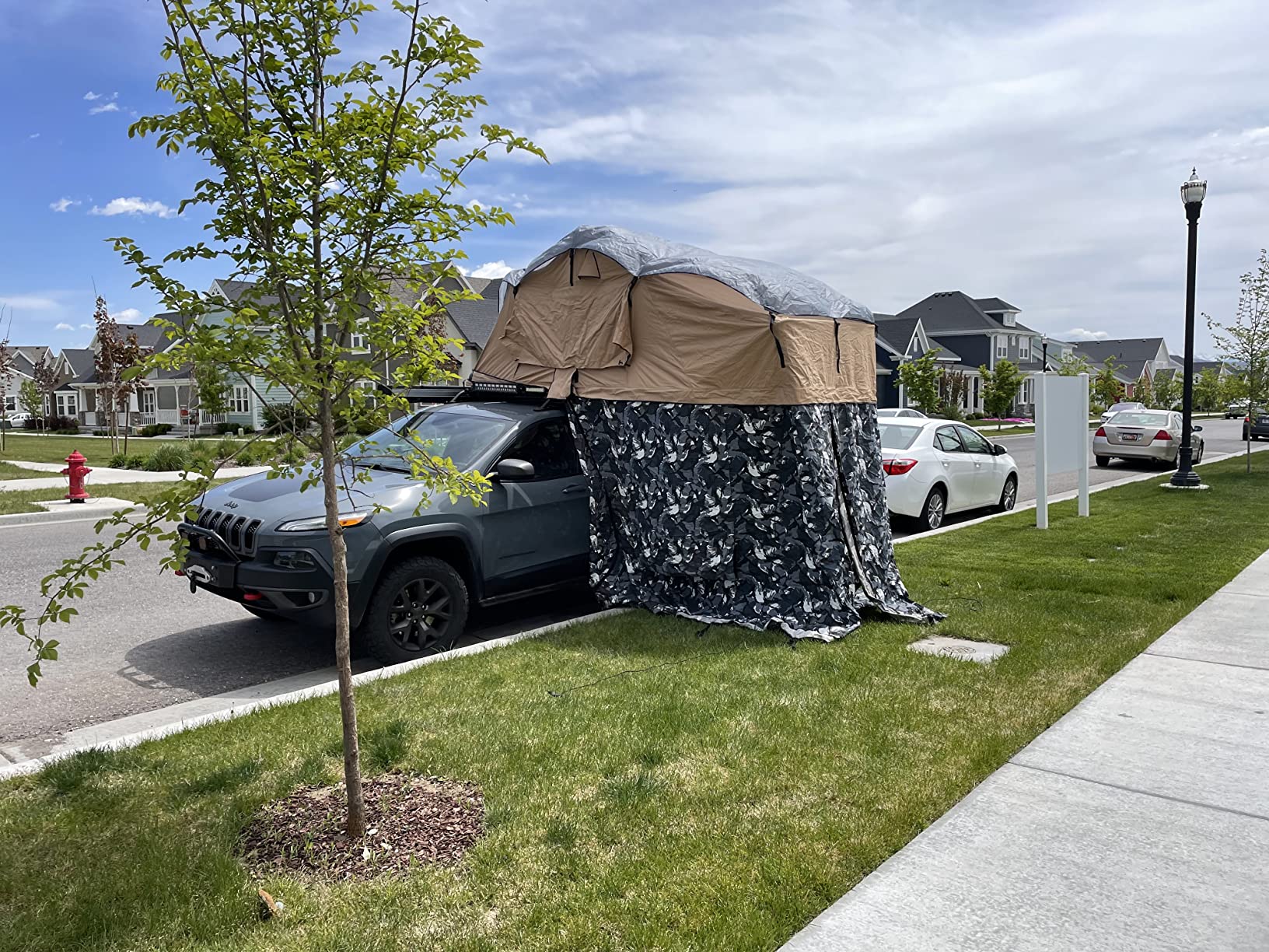 Overland Vehicle Systems TMBK 3 Person Roof Top Tent with Rain Fly Tan Body & Green Rainfly - Black Aluminum Base with Black Ladder - Universal Fitment