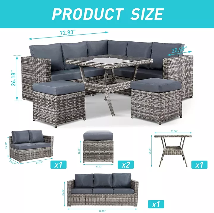 【Furniture】Semi-Assembled Rattan Garden Furniture Set 5 Piece Corner Sofa Cutlery Set