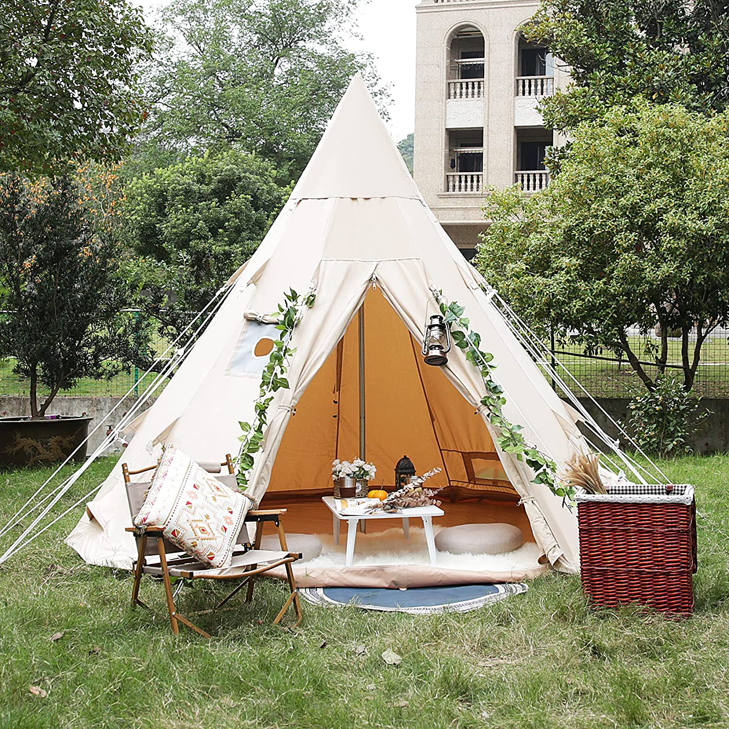 【Sports&Outdoors】Breathable 100% Cotton Canvas Bell Tent, Waterproof Large Tents w Sturdy Center & Door Pole