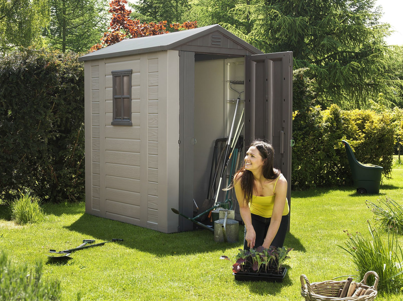 4 x 6  Plastic Garden Storage Shed, All-Weather Outdoor Storage Solution Shed, Includes Plastic Floor, Strong Structure & Maintenance-Free Vinyl Shed《NO8》