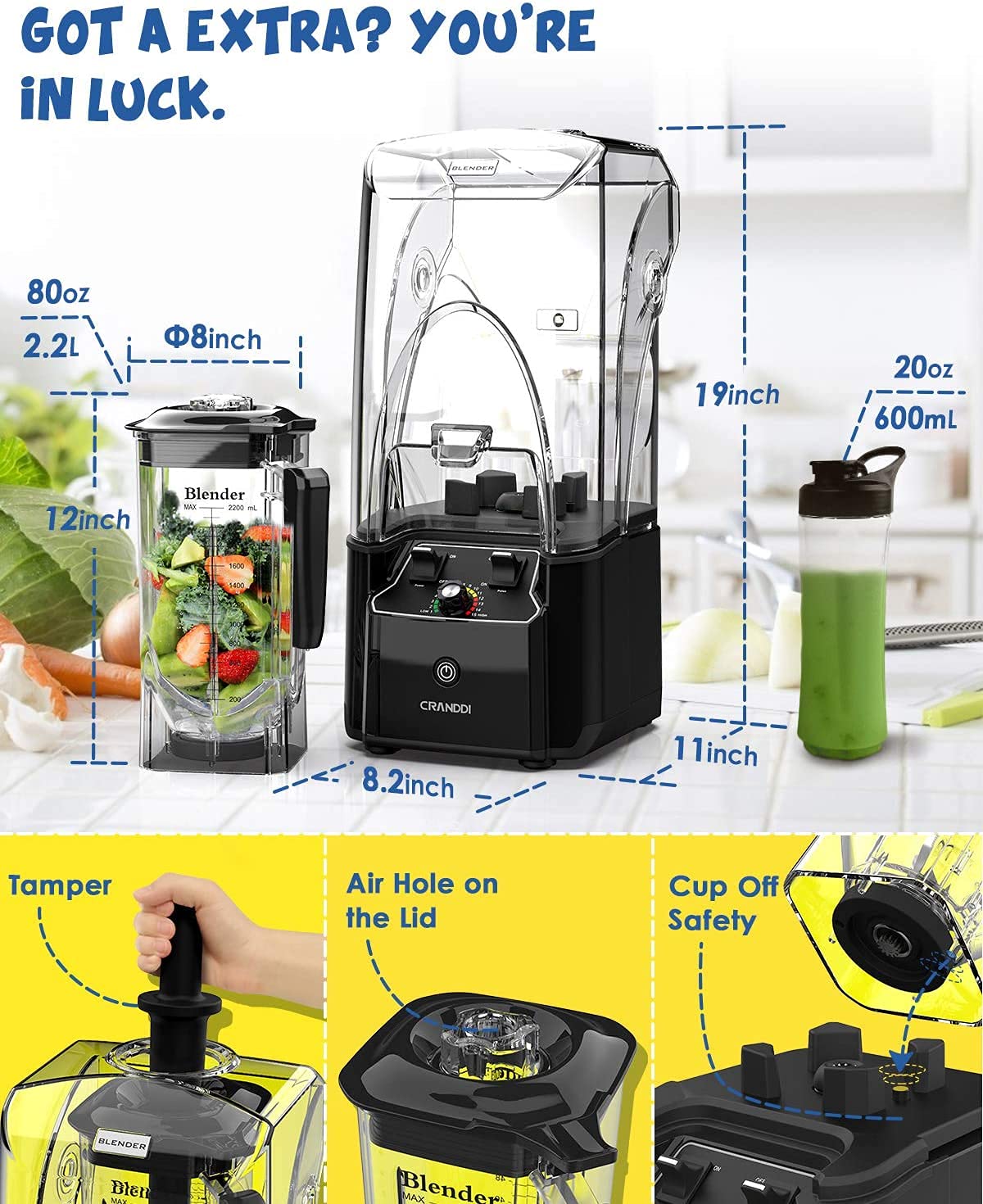 【Appliances】Quiet Blender, 2200 Watt Commercial Blenders for Kitchen with Soundproof Shield Cover