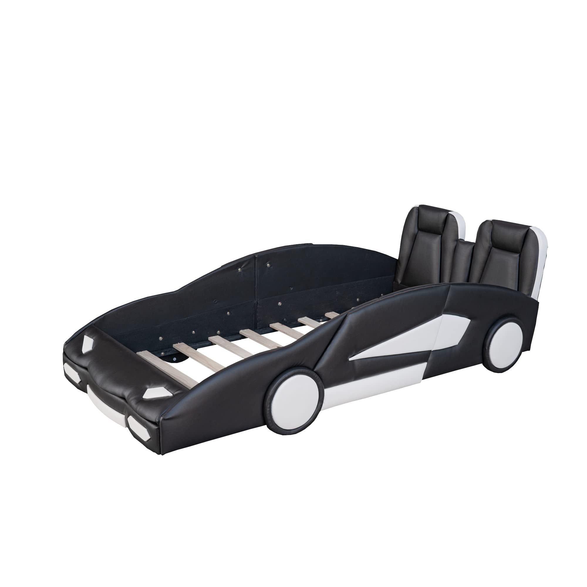 【Furniture】Twin Size Kids Platform Bed, Race Car-Shaped Bed with Wheels Design, Faux Leather Upholstered Bed Frame