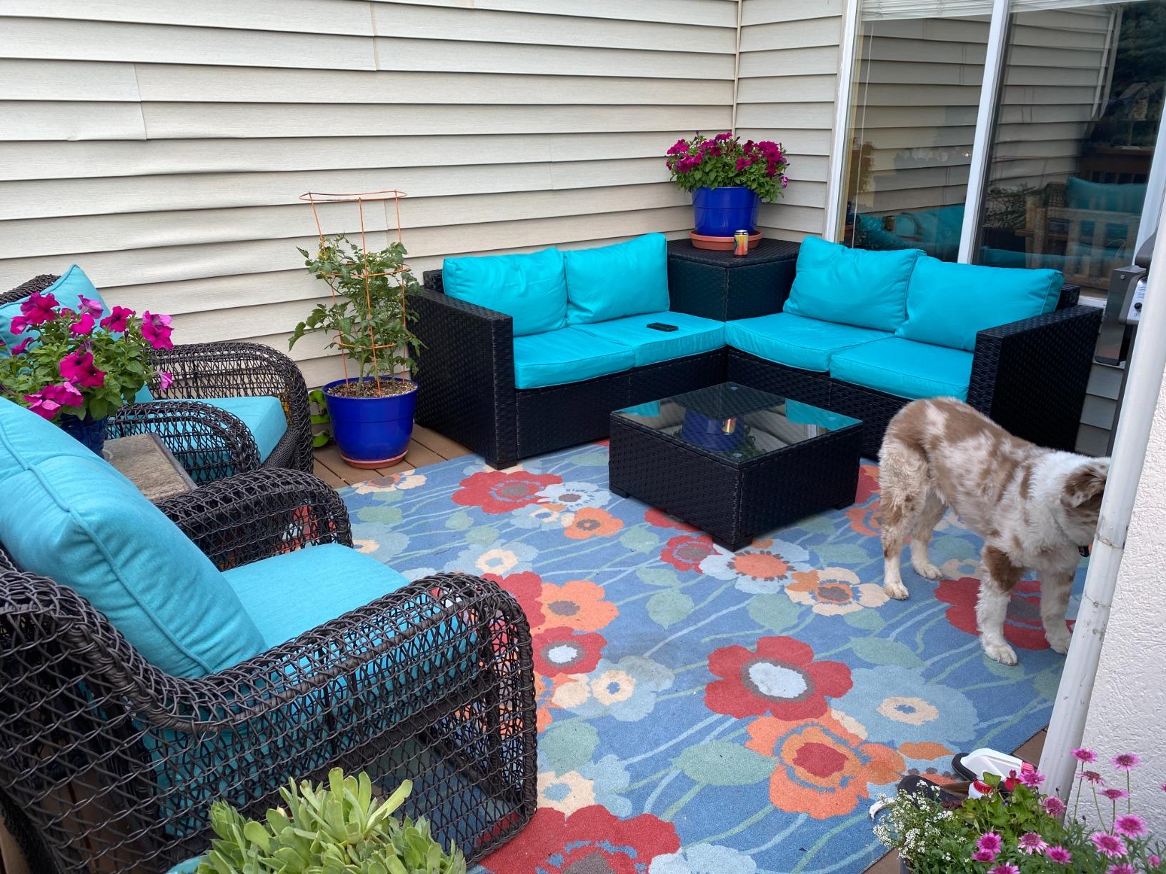 【Furniture】Outdoor PE Wicker Furniture Set 4 Piece Patio Black Rattan Sectional Loveseat Couch Set Conversation Sofa