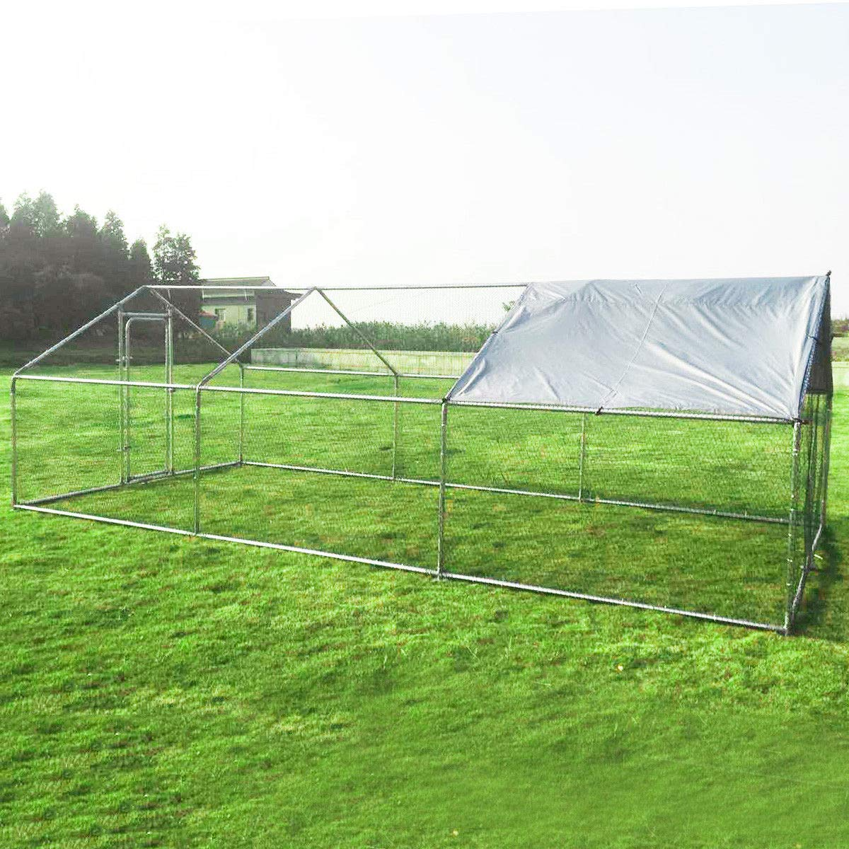 【Home&Garden】10'x20'x6.4' Large Walk-in Hen House with Cover, Galvanized Steel Poultry Run Extension