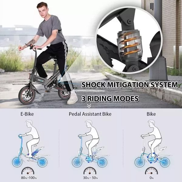 【Sports&Outdoors】C3 Adult Electric Bike, 450W Electric Bike, 18.6 MPH, Up to 28 MPH, 14 Pneumatic Tires, Dual Disc Brakes, 3 Riding Modes