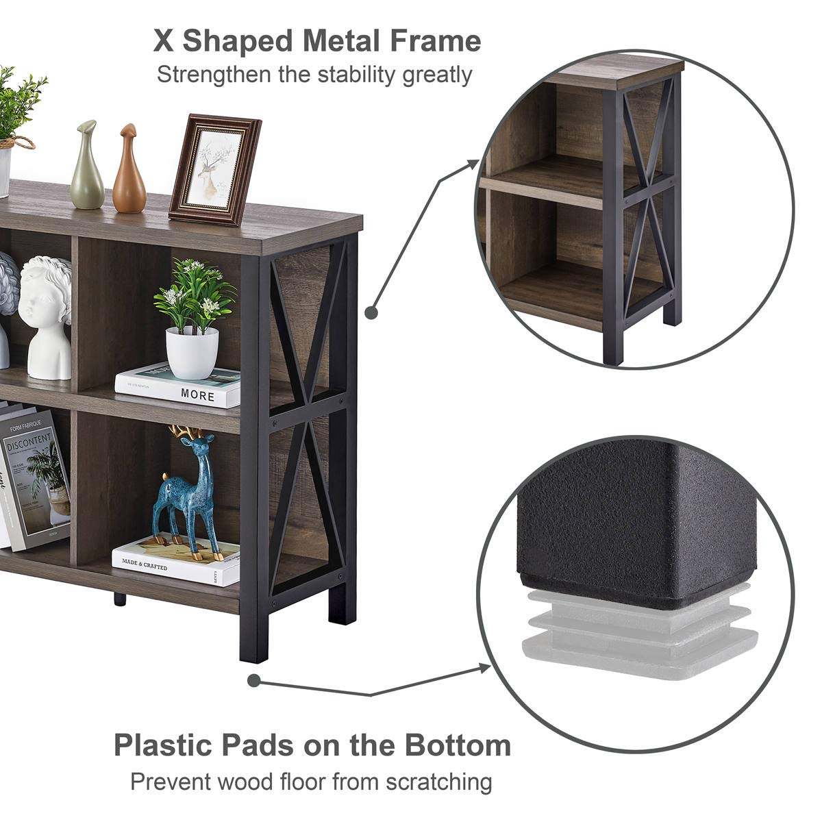 【Furniture】8 Cube Storage Organizer Bookshelf, Rustic Wood Cubby Bookcase, Industrial Horizontal Long Shelf