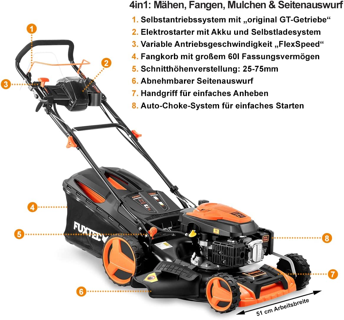 【Home&Garden】 RM5196eSPro 4-in-1 Petrol Lawnmower - 6 HP Flexible Self-Propelled & E-Start - 51 cm Cutting Width & Cutting Height Adjustment - Includes 60 L Grass Catcher Basket, Mulching Function & Side Extension
