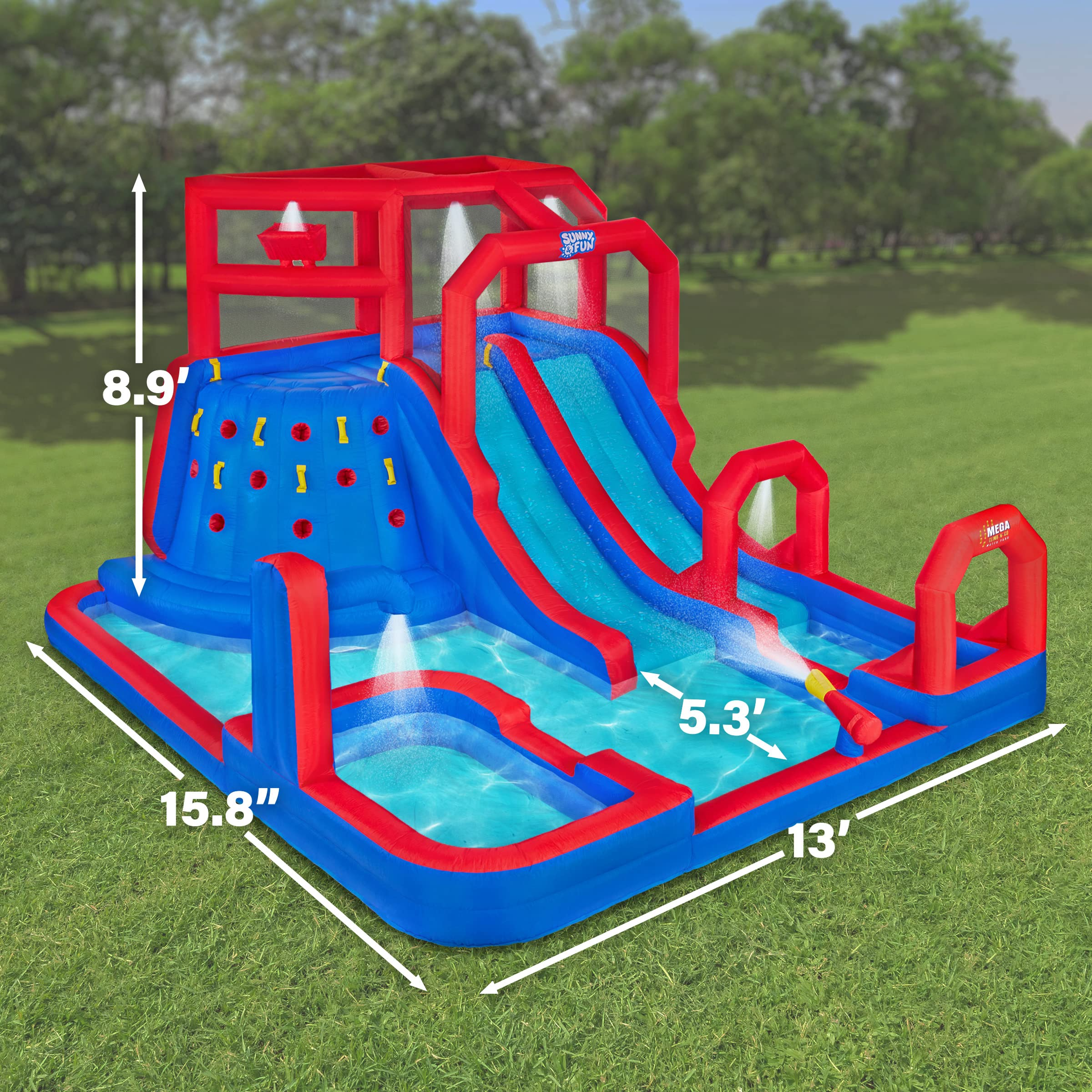 【Baby&Kids】Inflatable Water Slide Park - Climbing Wall, 2 Slides, Splash & Deep Pool