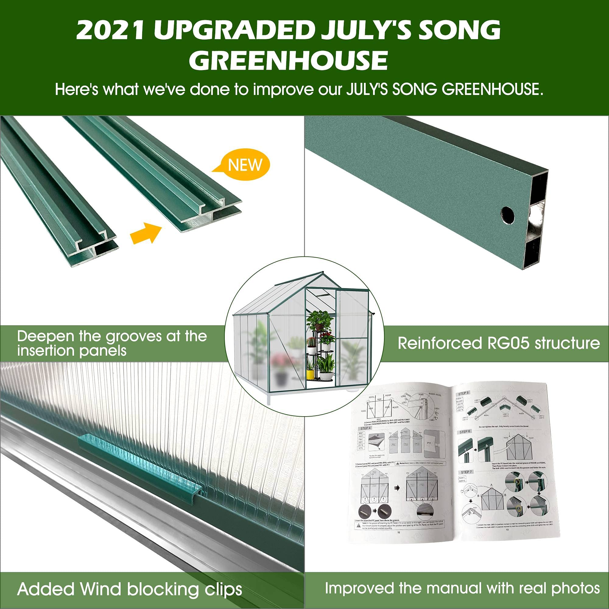 【Home&Garden】6x8 Hobby Greenhouse, Polycarbonate Aluminum Green House with Window, Heavy Duty Greenhouses Kit