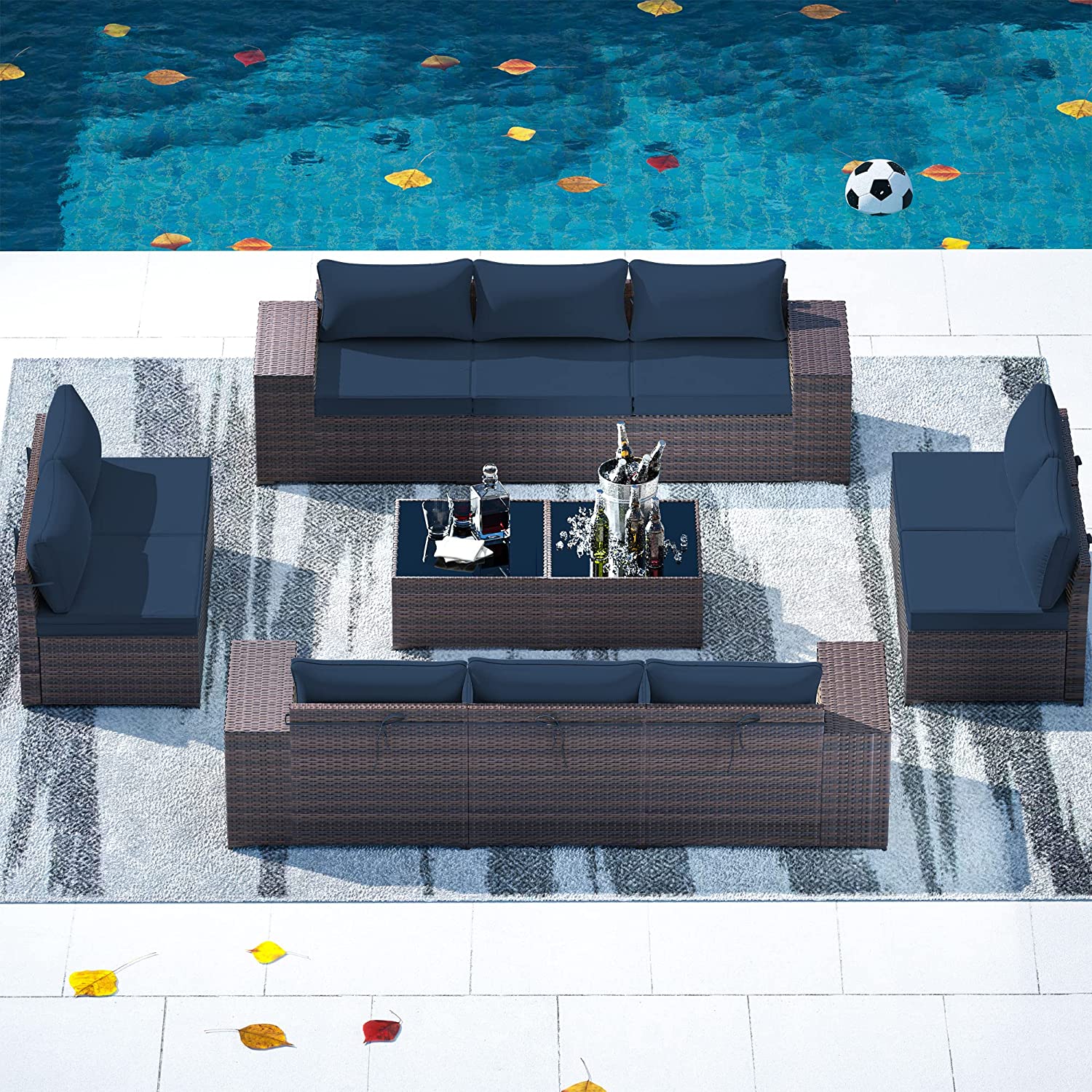 【Furniture】Outdoor Patio Furniture Sets 12-Pc Patio Sectional Furniture with Table & 10 Thickened Cushions