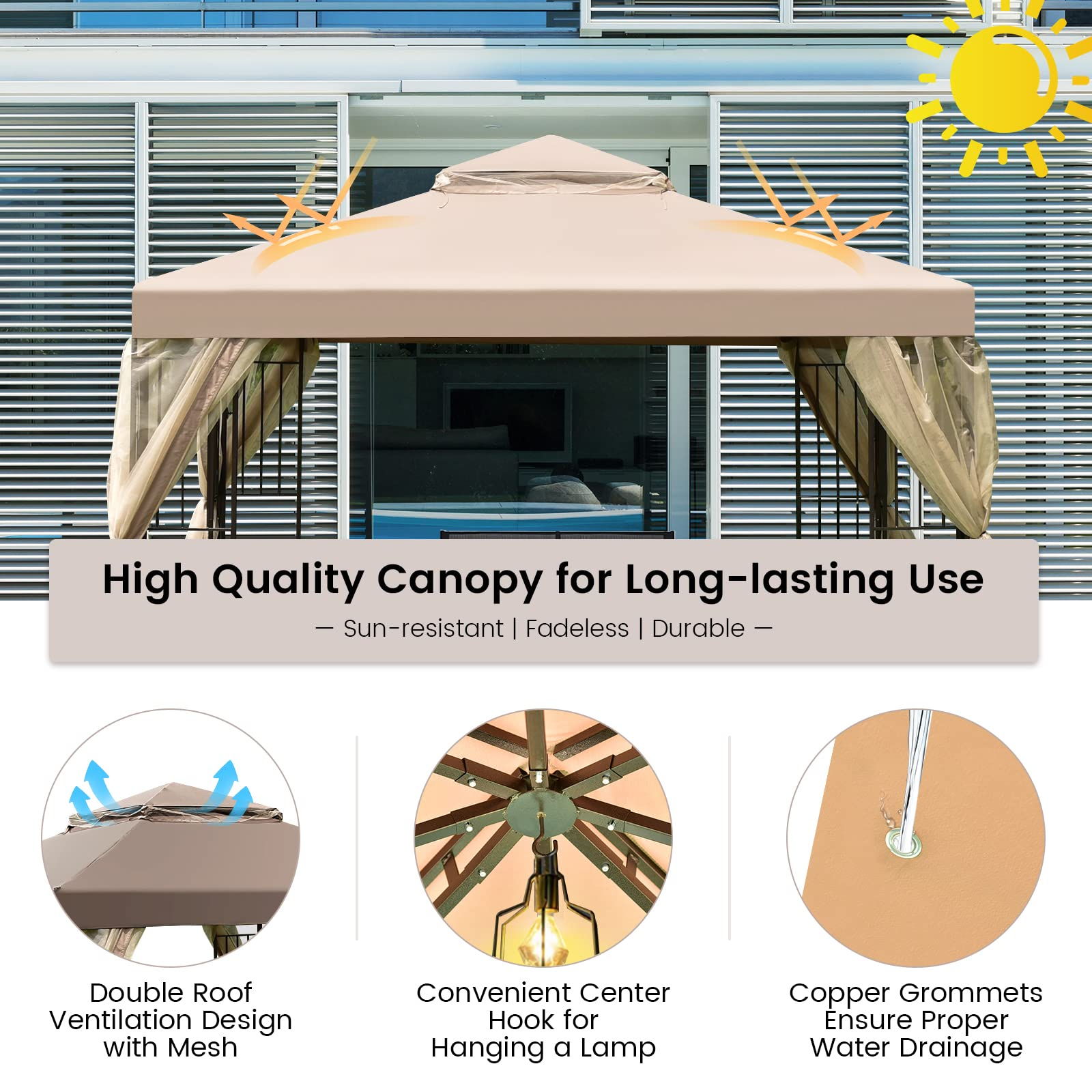 【Gazebo】10x10 Feet Patio Gazebo, Outdoor Gazebo Canopy Shelter w/ Netting