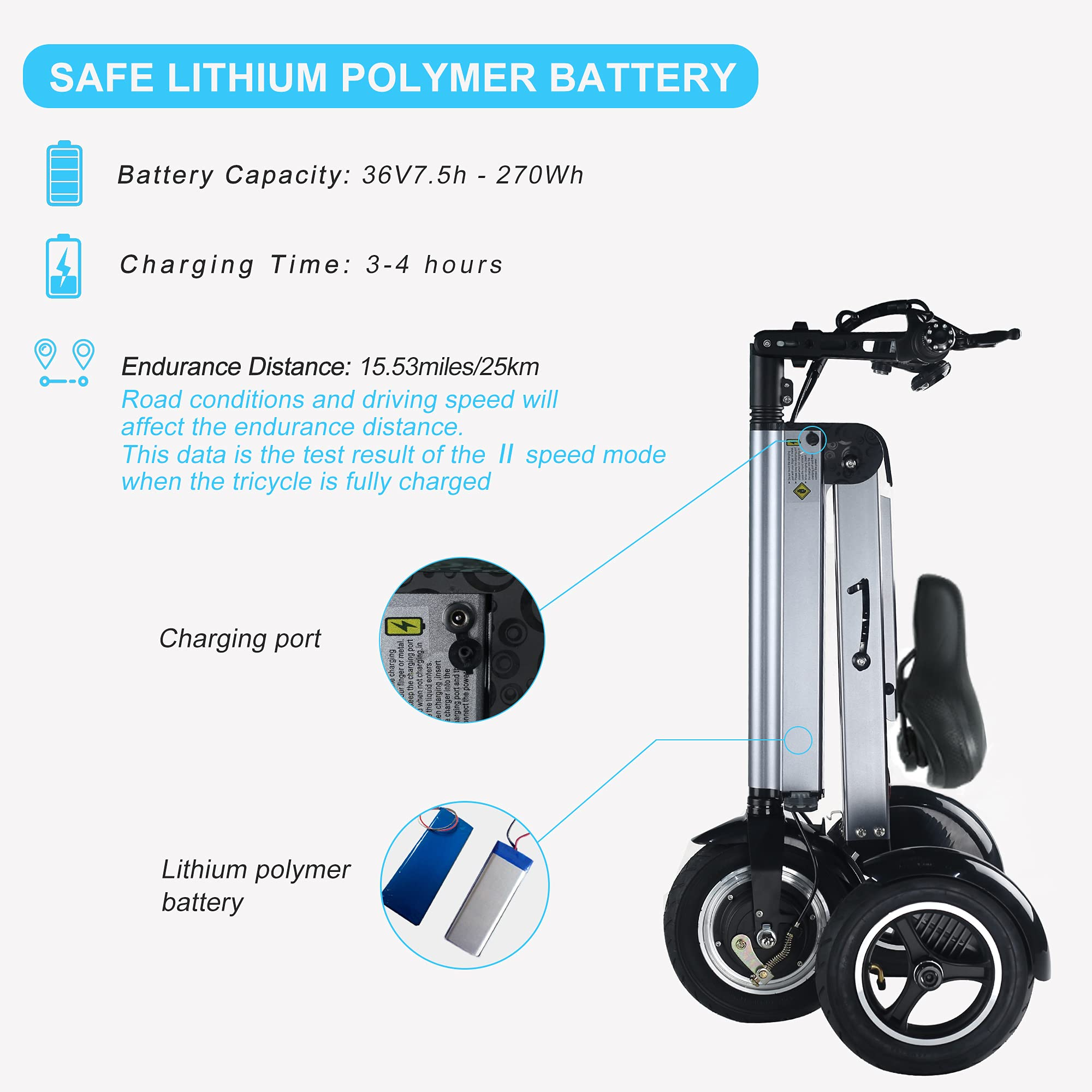 TopMate ES32 Electric Scooter 3 Wheels Foldable Trike with Seat for Adults, Light Weight with Reverse Function and Key Switch, 10 Inch Pneumatic Tires Tricycle for Commute and Travel《NO8》