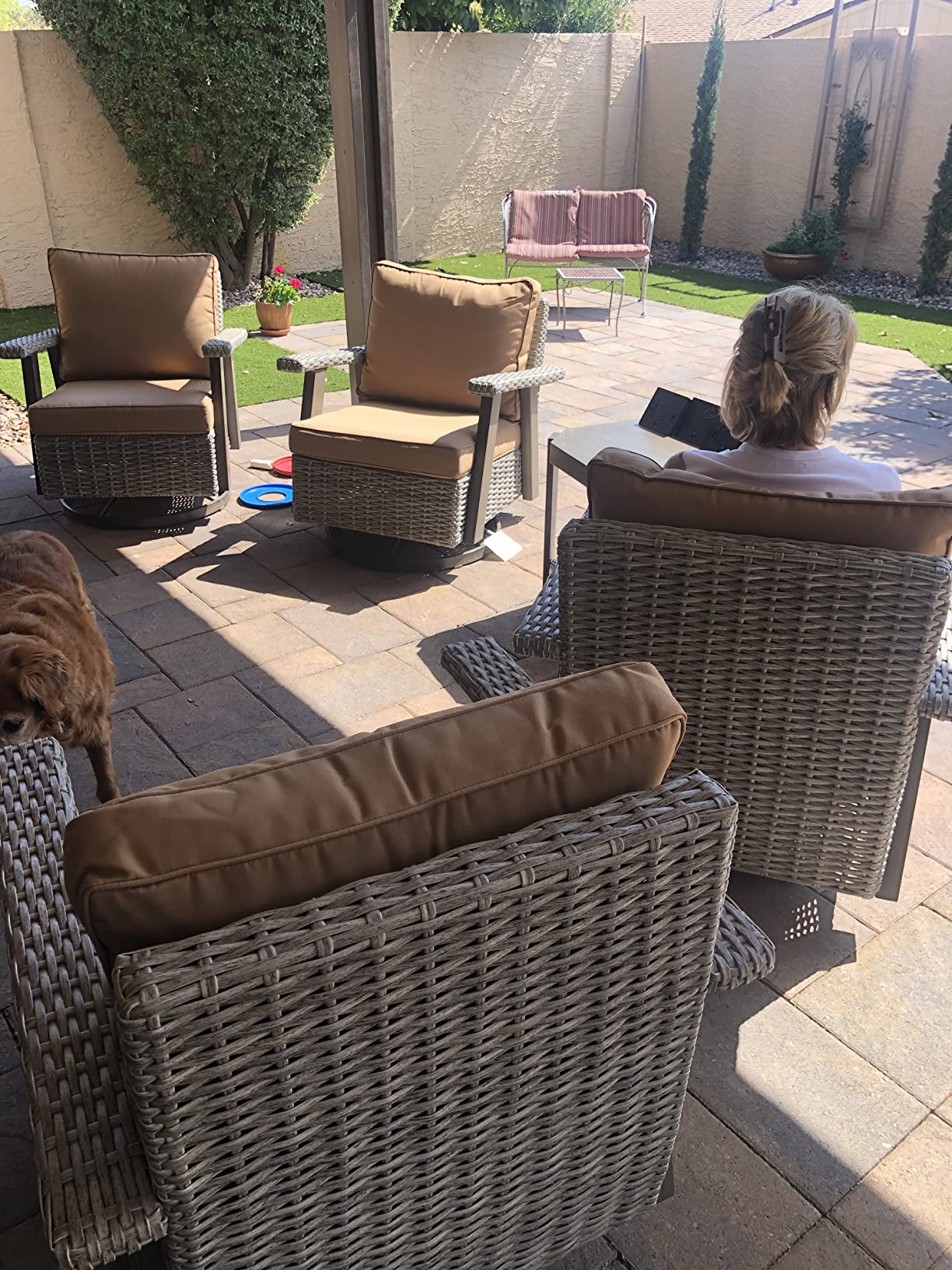 【Furniture】Outdoor Swivel Rocker Patio Chairs Sets of 2 and Matching Side Table - 3 Piece Wicker Patio Bistro Set