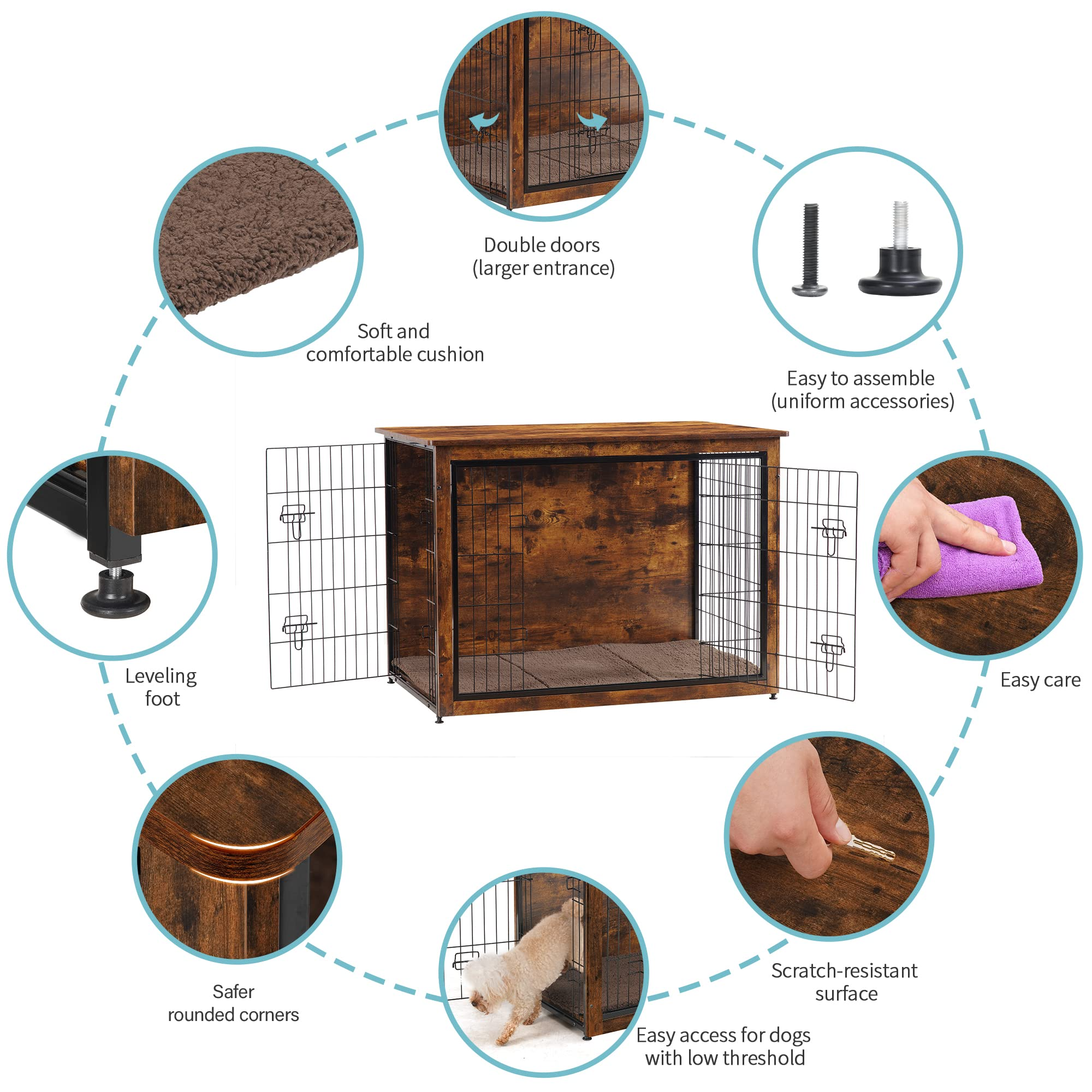 【Pet】Dog Crate Furniture with Cushion, XL Wooden Dog Crate with Double Doors, Dog Furniture