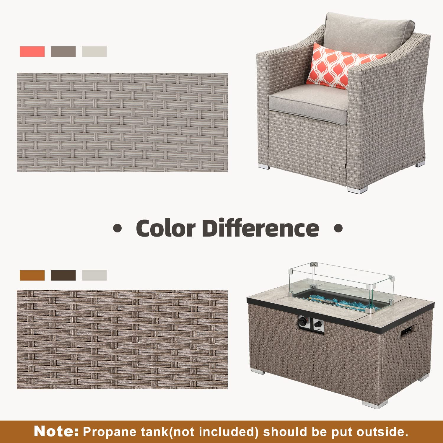 【Furniture】5-Pc Fire Pit Table Outdoor Furniture, Wicker Conversation Set, 4 Pillows w 32