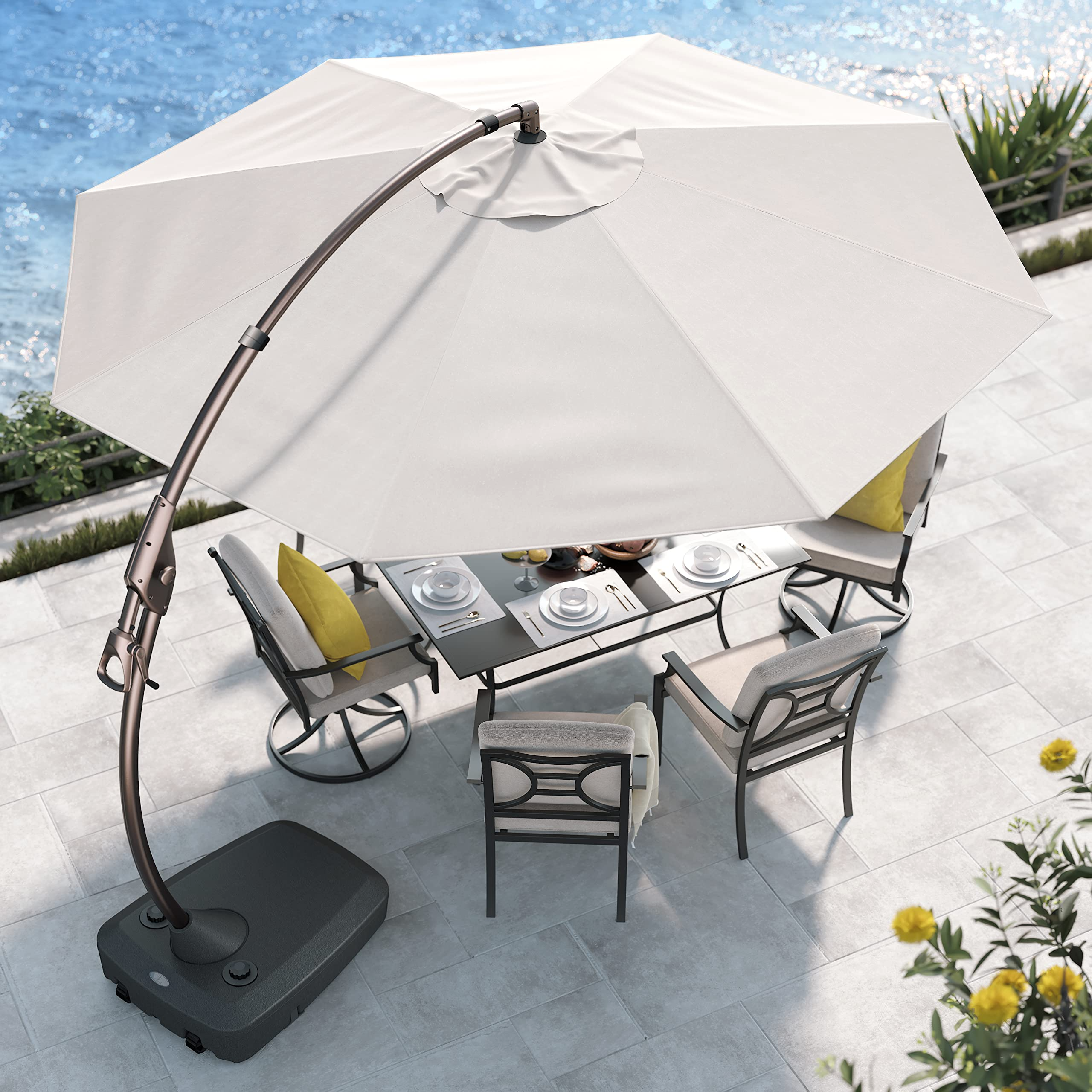 【Home&Garden】12 FT SUNBRELLA Deluxe NAPOLI Curvy Aluminum Offset Umbrella with Base (Canvas Flax)