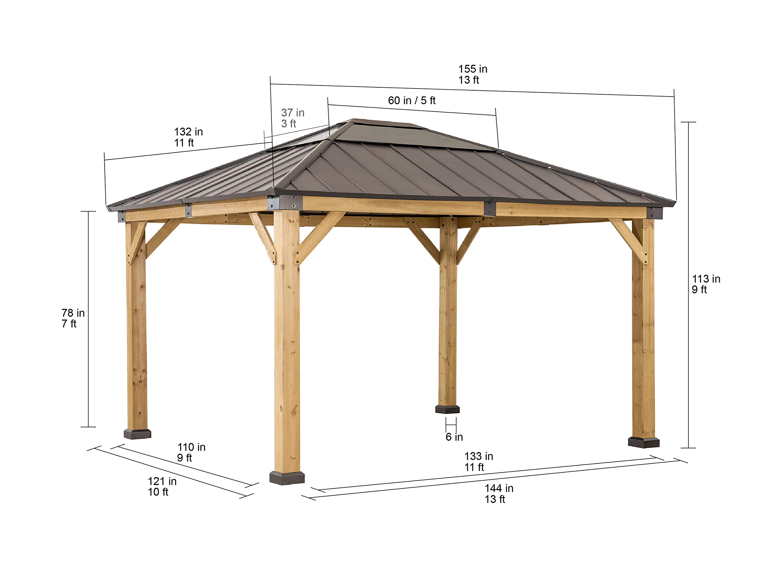 【Gazebo】Outdoor Patio 11x13 Cedar Framed Wood Gazebo with Brown Steel & Polycarbonate Hip Roof Hardtop