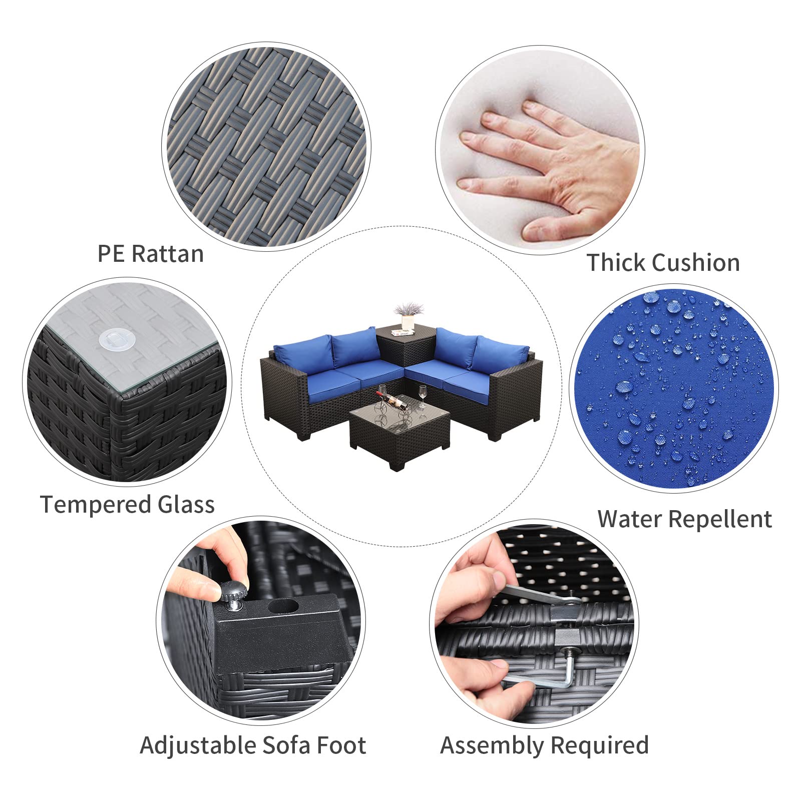 【Furniture】Outdoor PE Wicker Furniture Set 4 Piece Patio Black Rattan Sectional Loveseat Couch Set Conversation Sofa