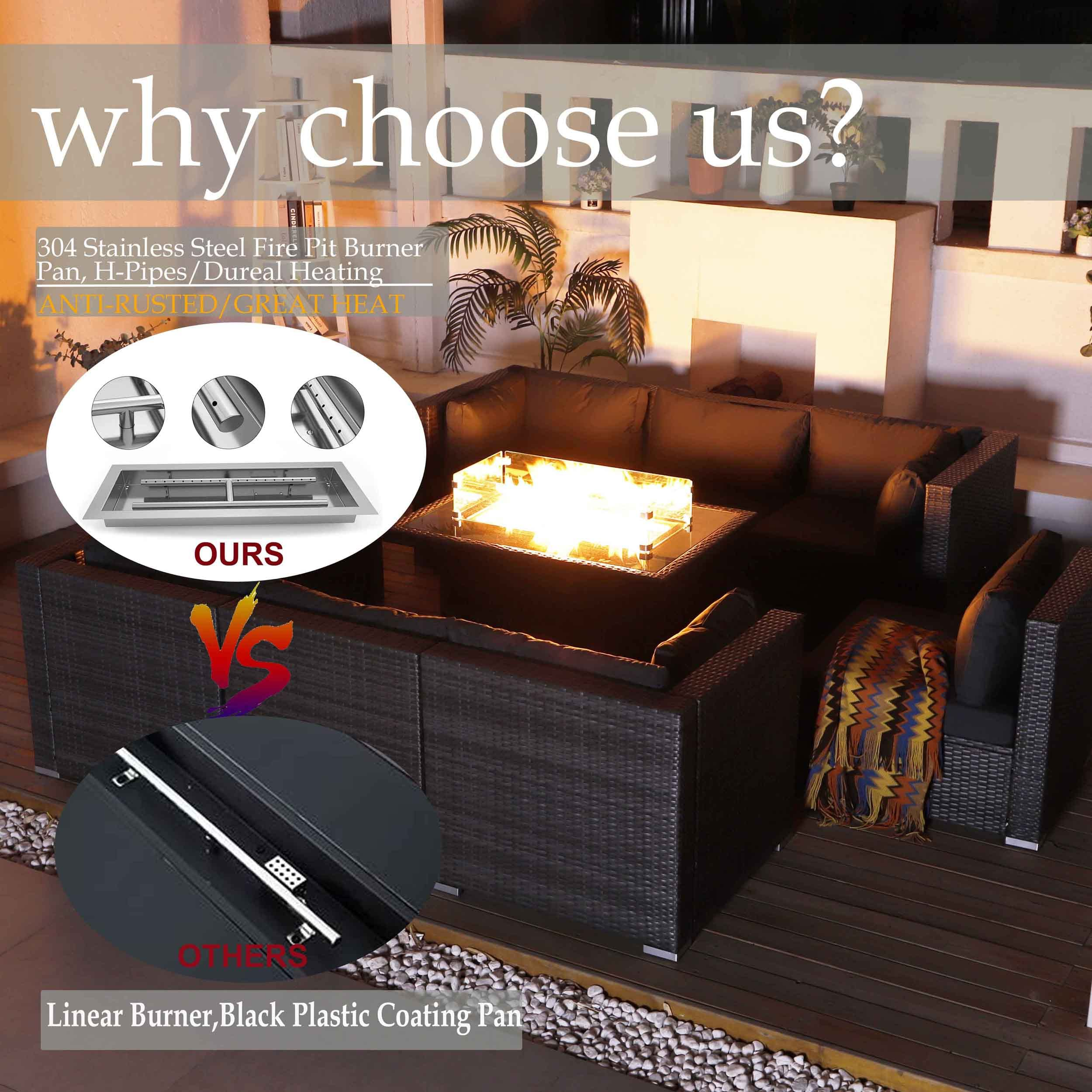 【Home&Garden】Large Size High Back PE Rattan Patio Furniture Sectional Sofa Sets with Fire Pit Table