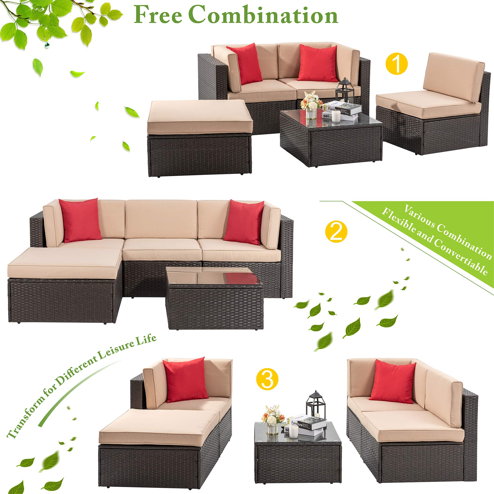 【Furniture】5 Pcs Patio Furniture Sets, All-Weather Brown PE Wicker Outdoor Couch Sectional Patio Set