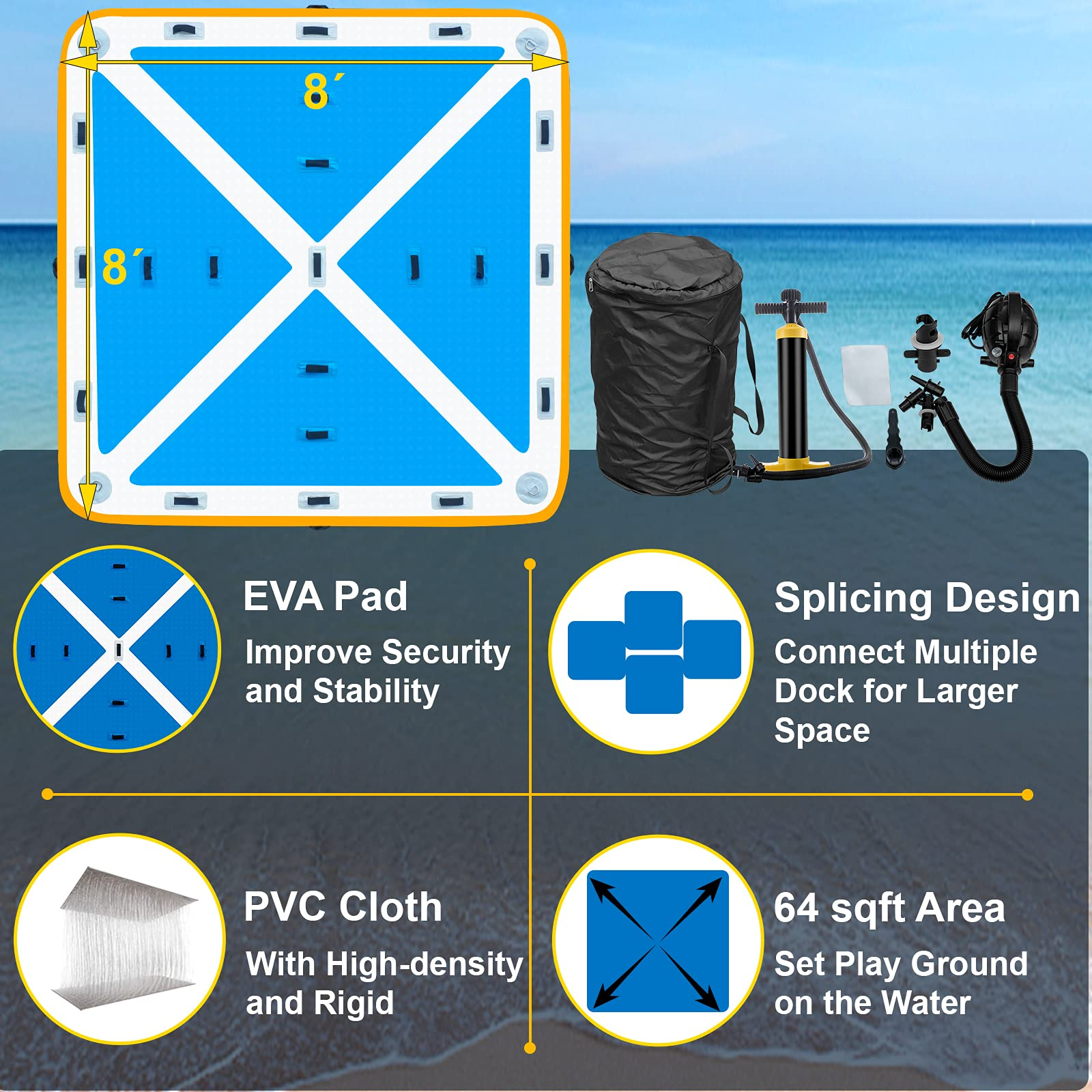 【Sports&Outdoors】Inflatable Floating Dock, Inflatable Dock Platform with Electric Air Pump, 4-6 People