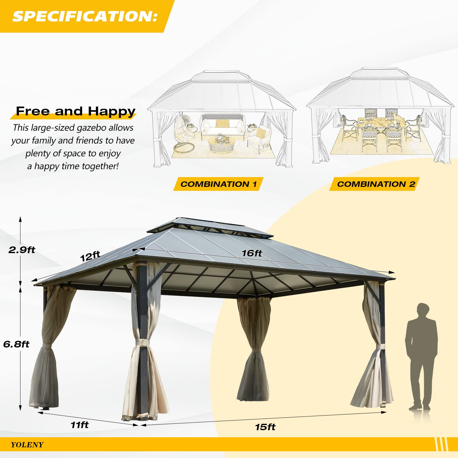 【Gazebo】12' x 16' Hardtop Gazebo, Permanent Outdoor Aluminum Patio Gazebo with Composite Double Roof