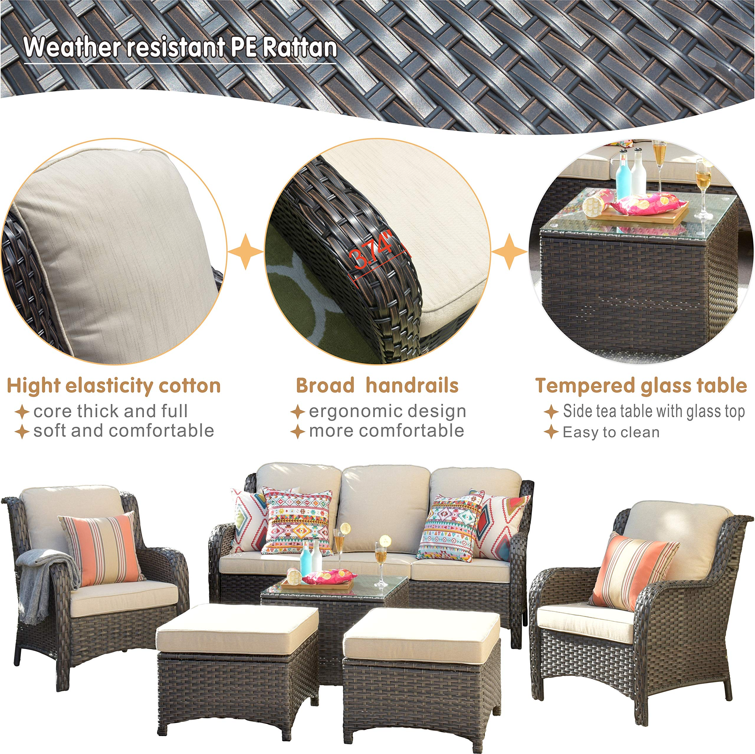 【Furniture】Patio Furniture Conversation Set All Weather Wicker 6 Pcs High Back Sofa w Coffee Table & Ottomans《NO8》