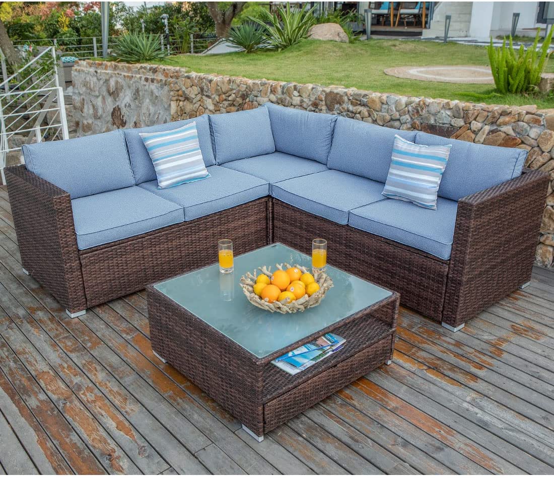 【Furniture】4-Pc Outdoor Furniture Set All-Weather Wicker Sofa w Thick Cushions, Glass Coffee Table, 2 Pillows