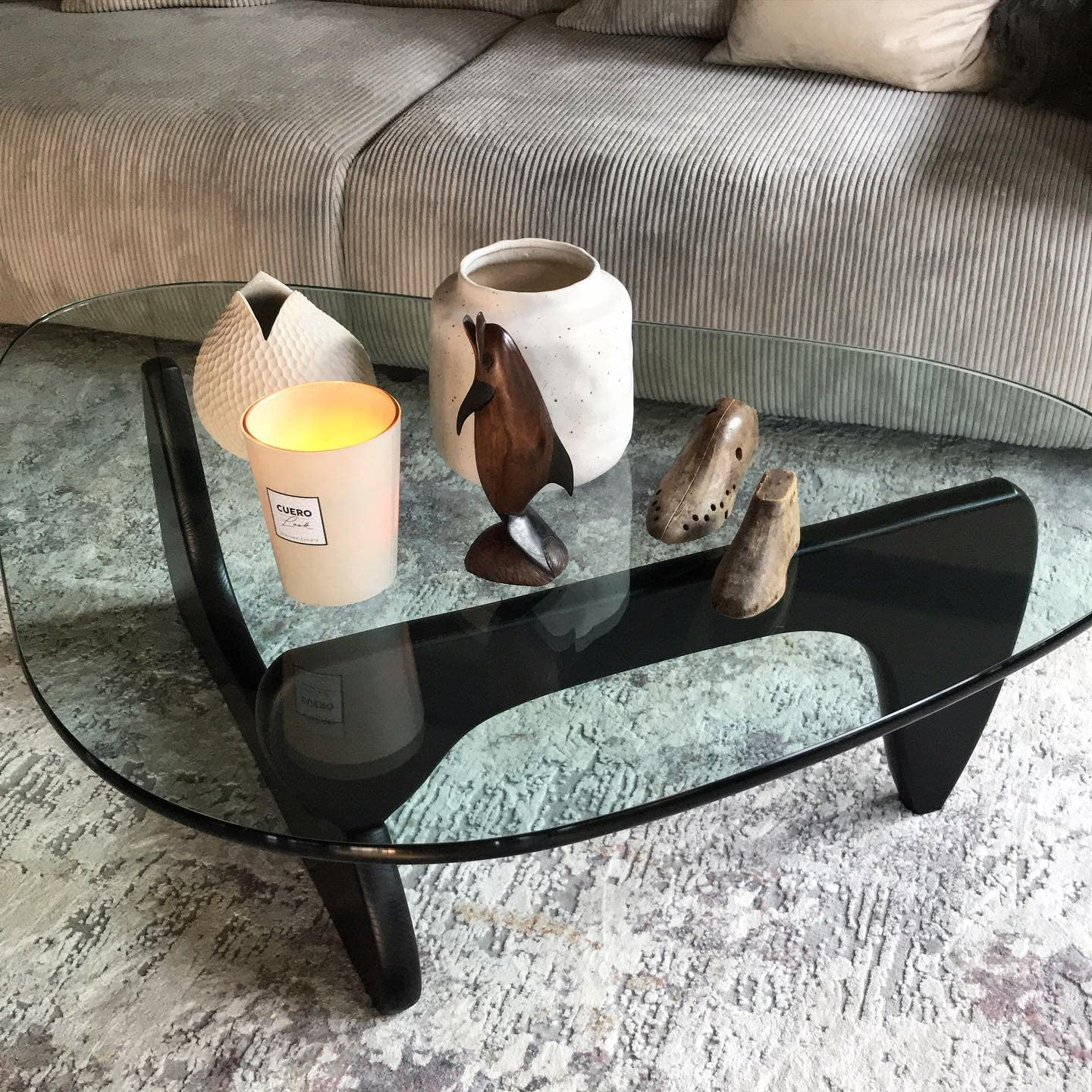 【Furniture】Noguchi Table Triangle Glass Coffee Table Vintage Glass End Table, Solid Wood Base & Glass Top