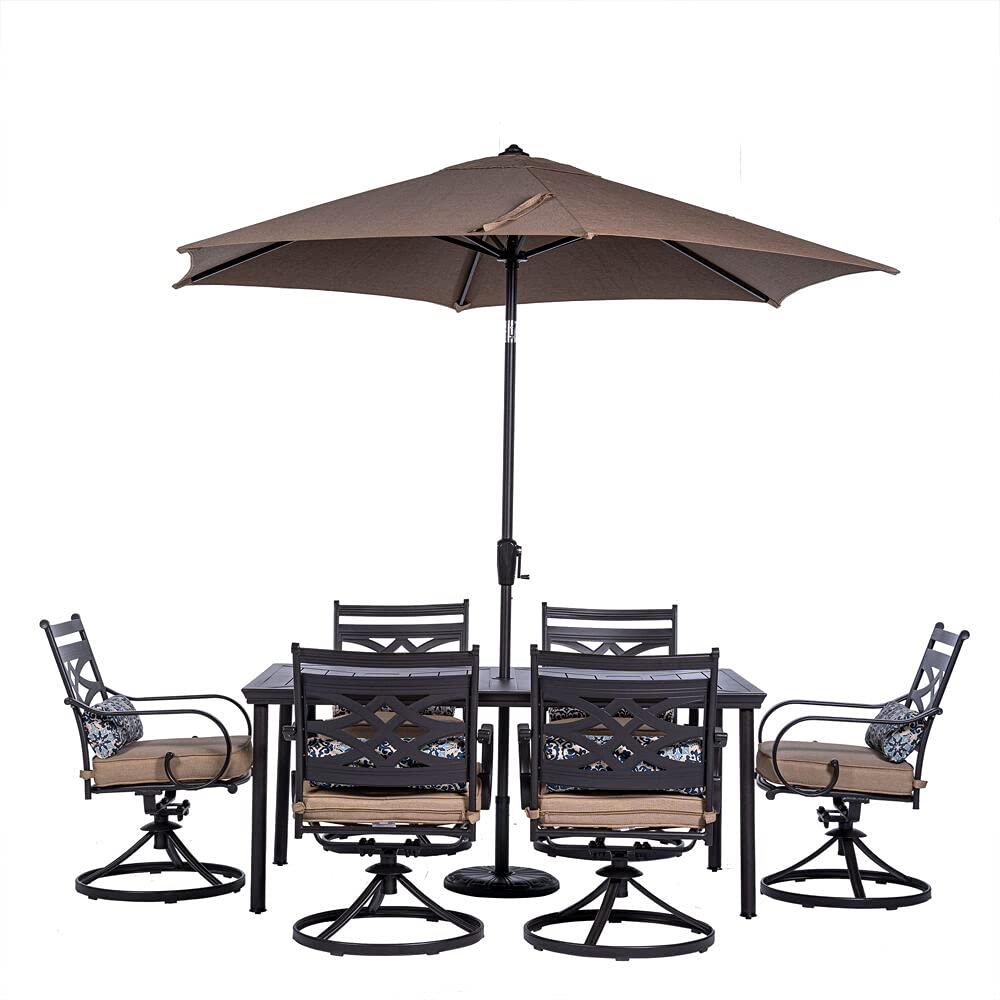 【Furniture】7-Piece Outdoor Patio Dining Set, 6 Swivel Rocker Chairs with Seat & Cushions, 40