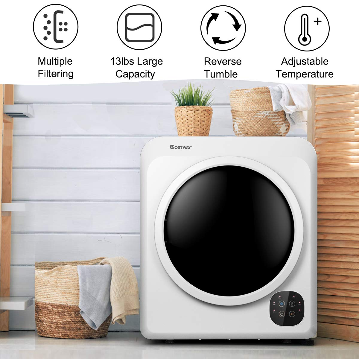 【Appliances】COSTWAY 1700W Electric Portable Clothes Dryer, 13.2 lbs Capacity Front Load Compact Tumble Laundry Dryer