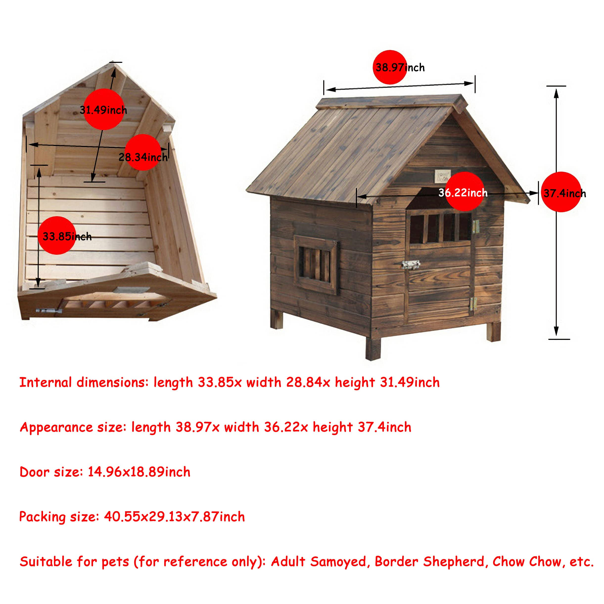 【Pet】Dog Kennels for Outside, Wood Dog House Outdoor Dog Kennel Dog Cage Villa, 36x39x37 in