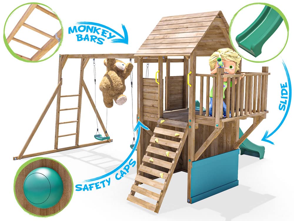 【Sports&Outdoors】Wooden Playhouse Climbing Frame Childrens Outdoor Play Tower Monkey Bar Swing Set