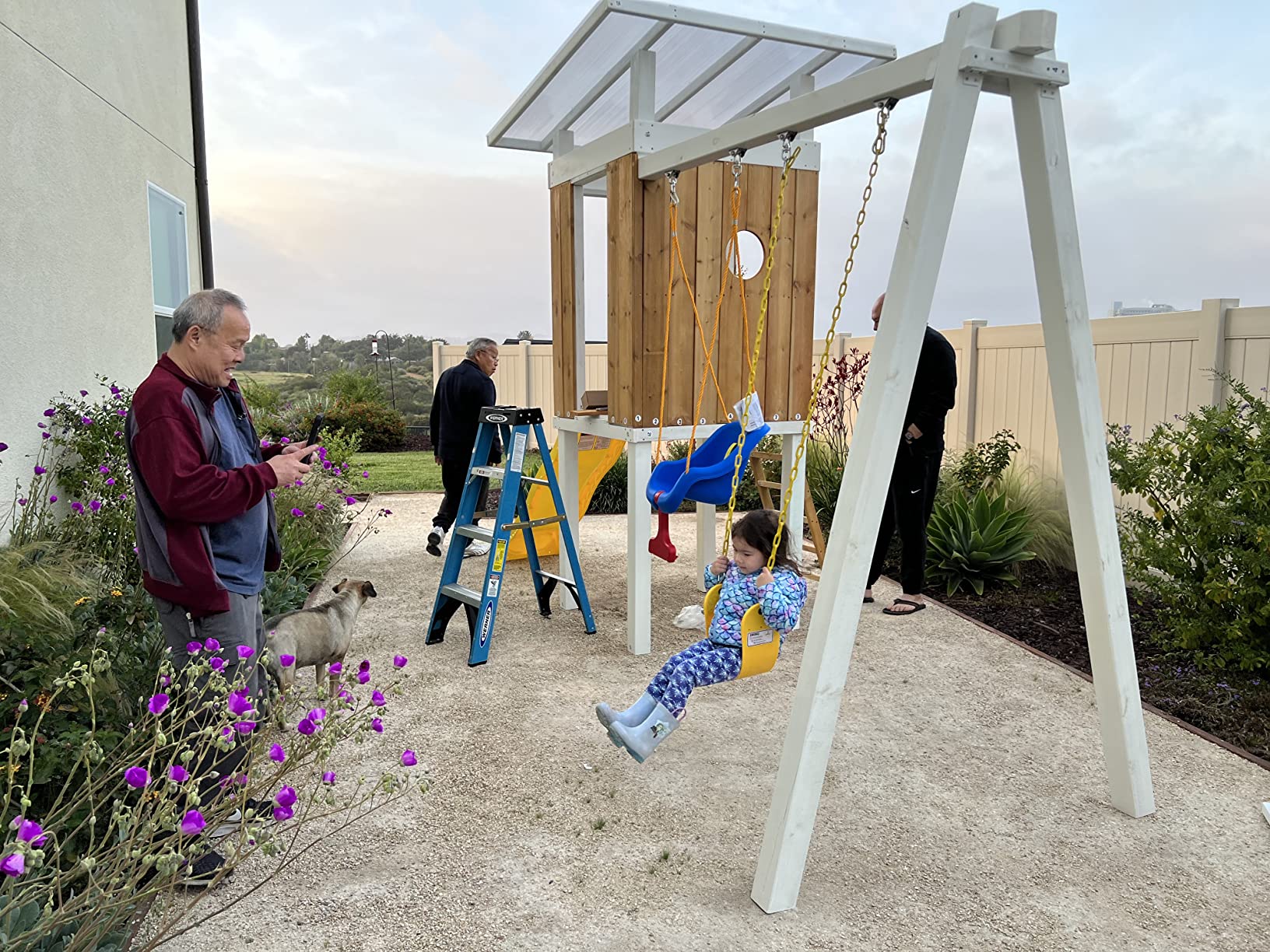 【Baby&Kids】Modern Outdoor Backyard Swing Set Children's Rock Climbing Wood Playground Playset 2 Belt Swings