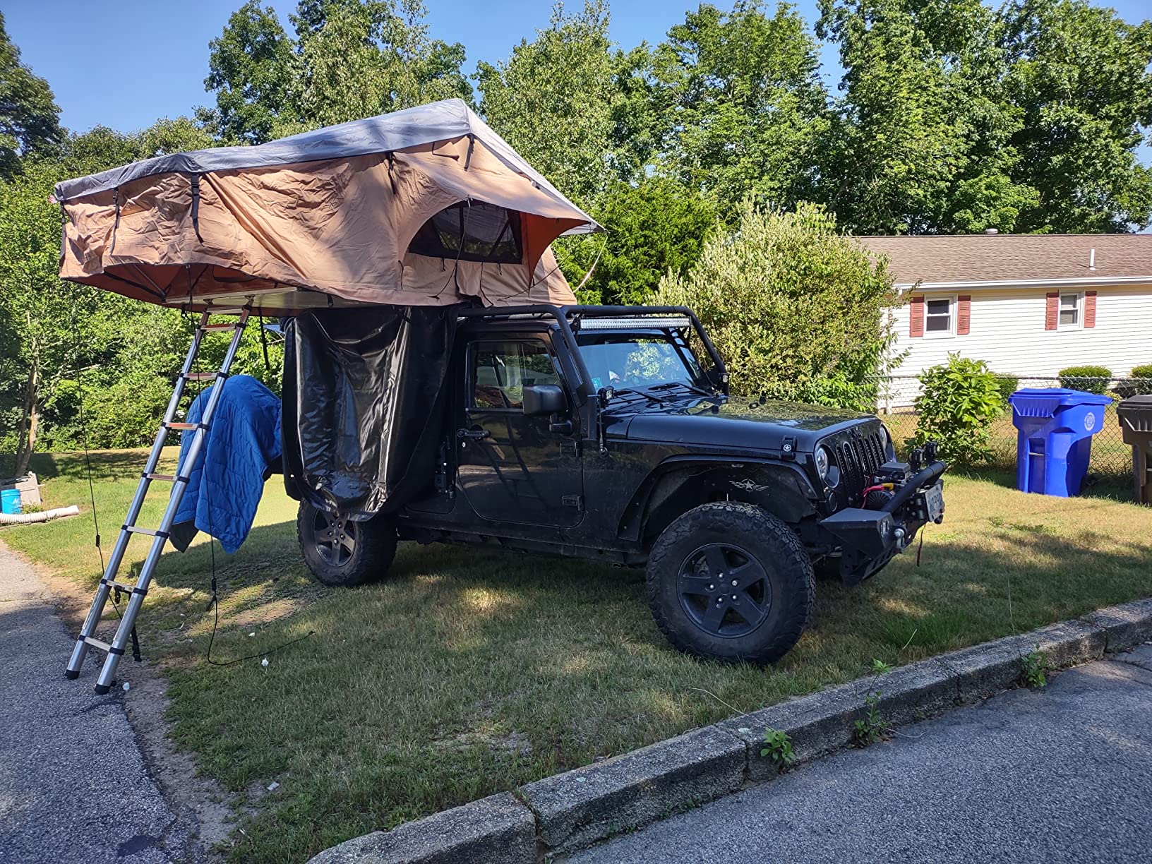 Overland Vehicle Systems TMBK 3 Person Roof Top Tent with Rain Fly Tan Body & Green Rainfly - Black Aluminum Base with Black Ladder - Universal Fitment
